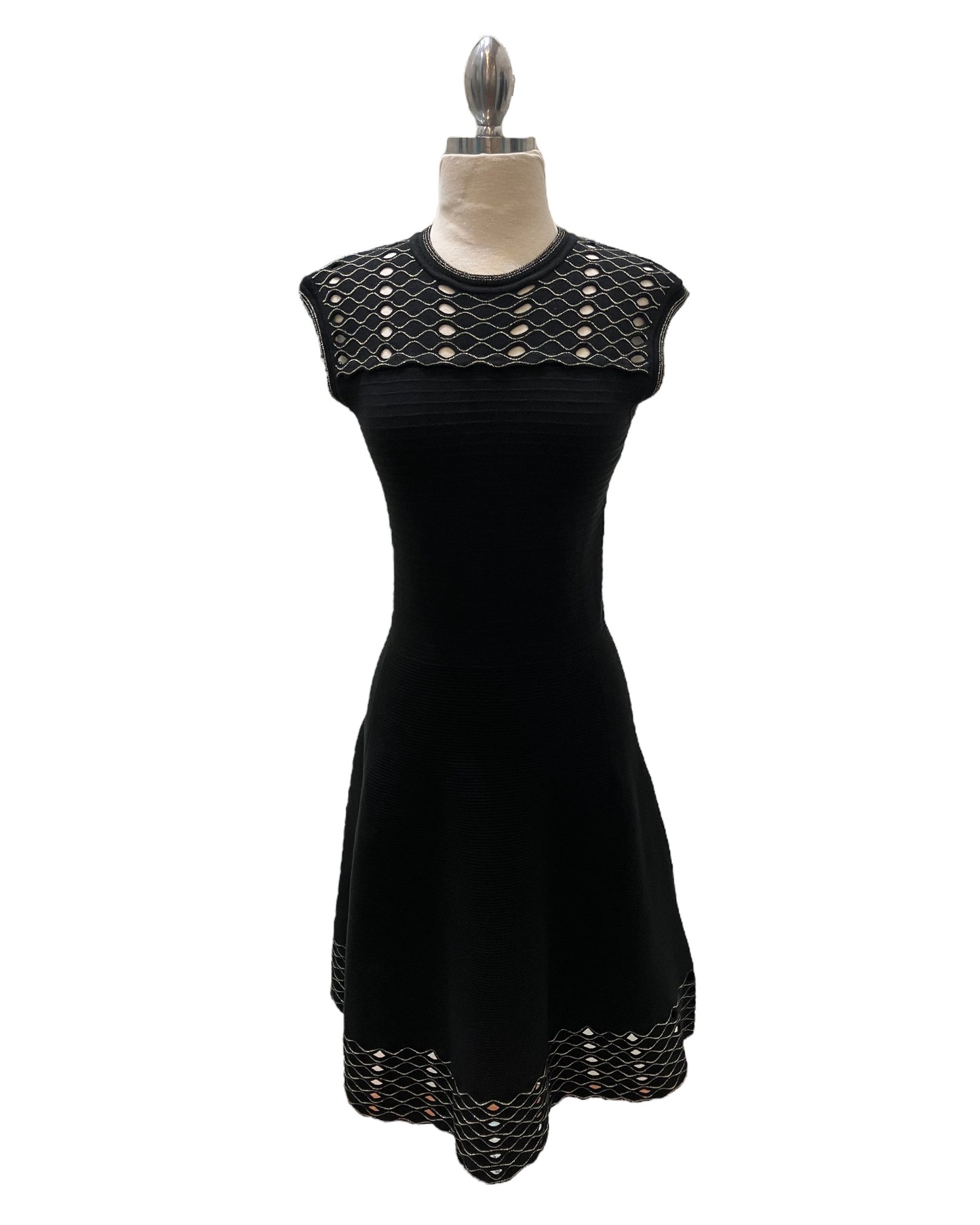 Designer Ted Baker Black Knit Dress With Metallic Gold Design