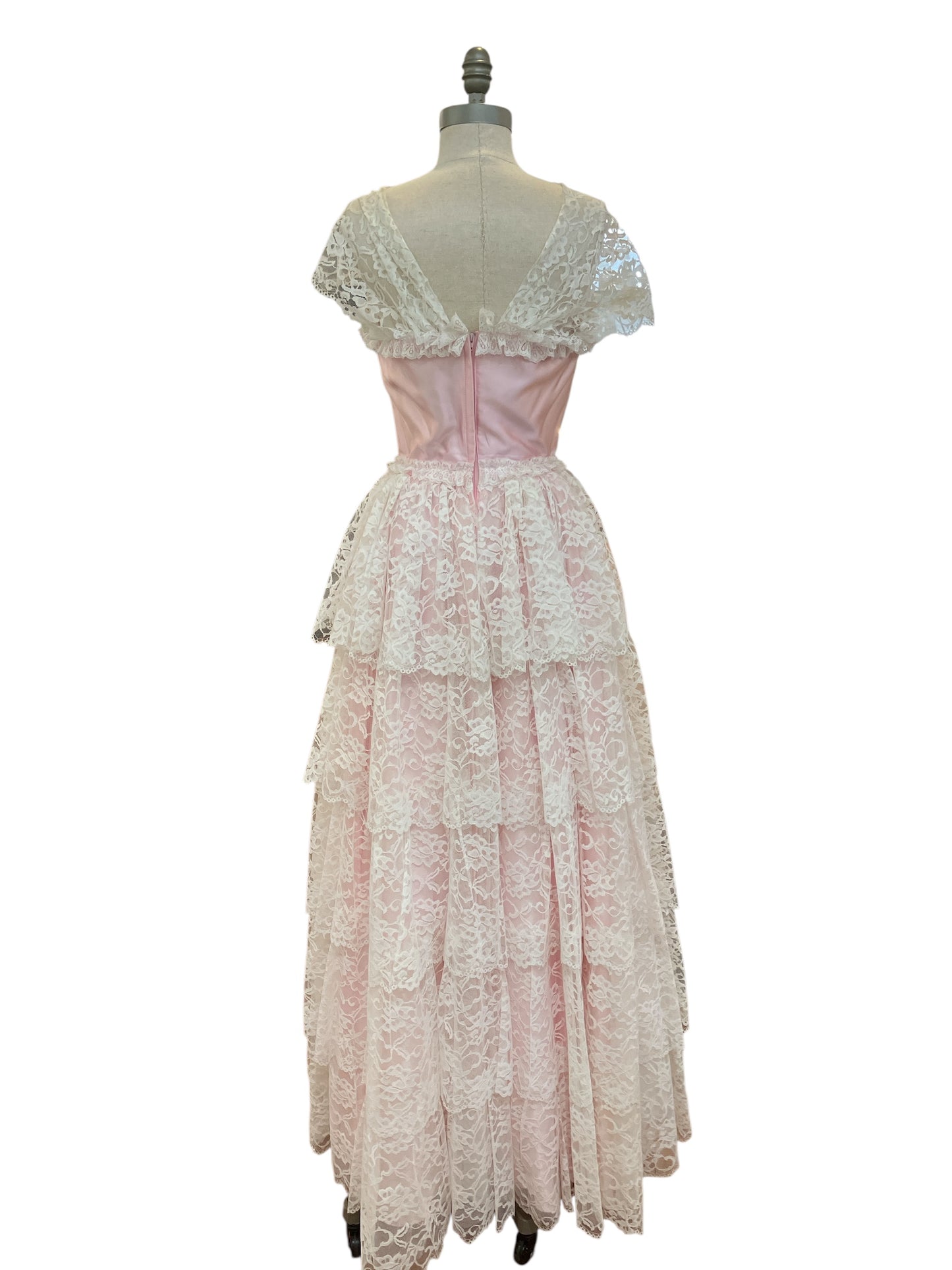 Vintage 1980s Alfred Angelo Flirtations Layered Ruffle Lace Ballgown Baby Pink Coquette Dress Vintage Size 11-12