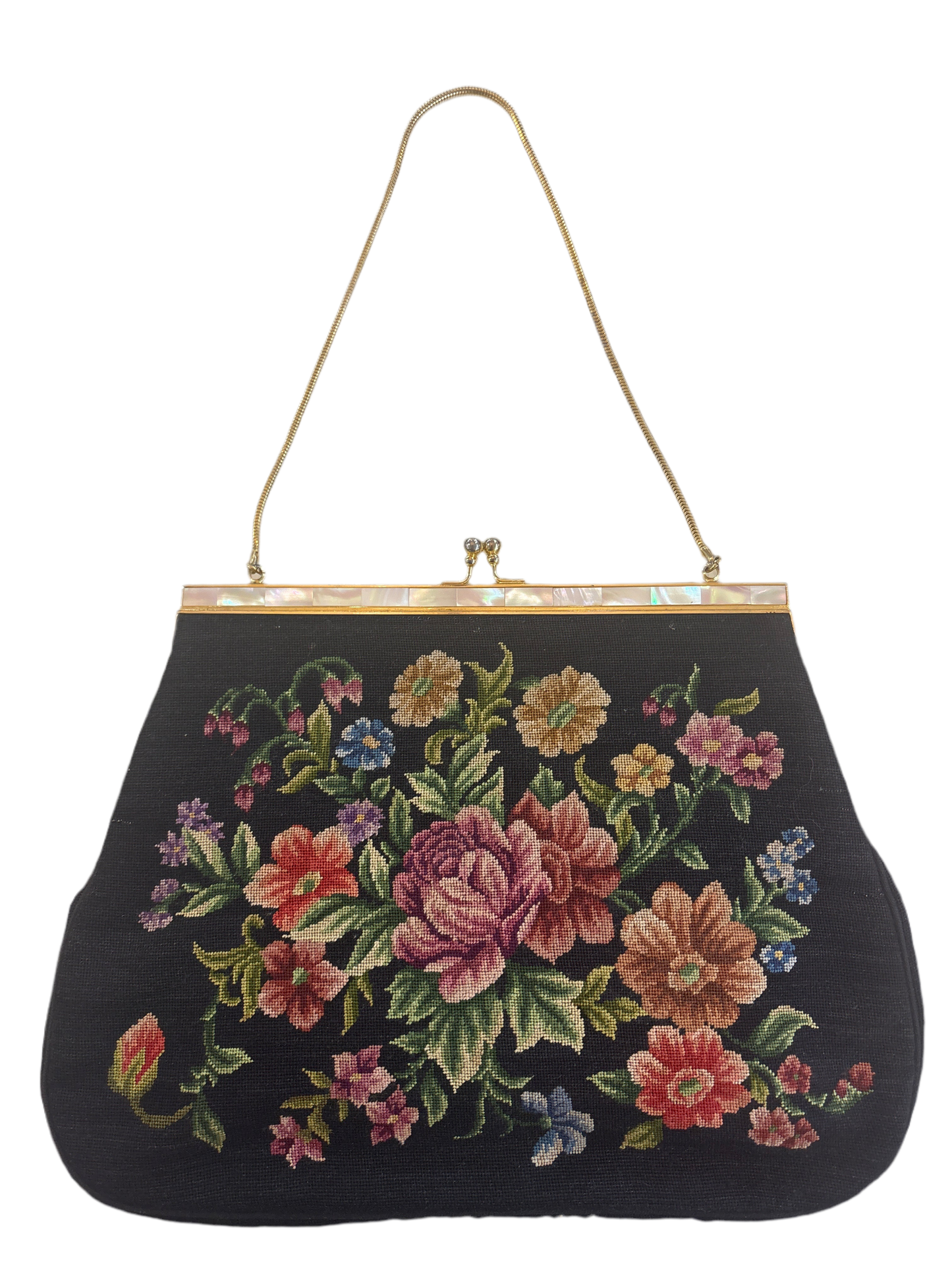 Vintage Black Floral Needlepoint Bag