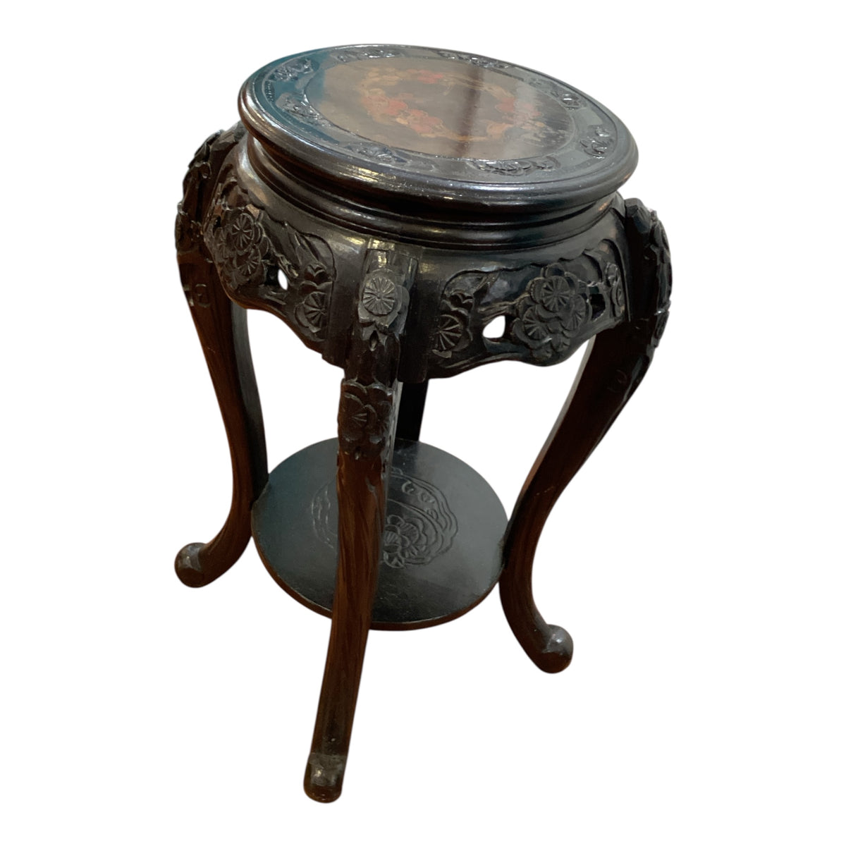 Antique Asian Hand Carved Painted Small Narrow End Table