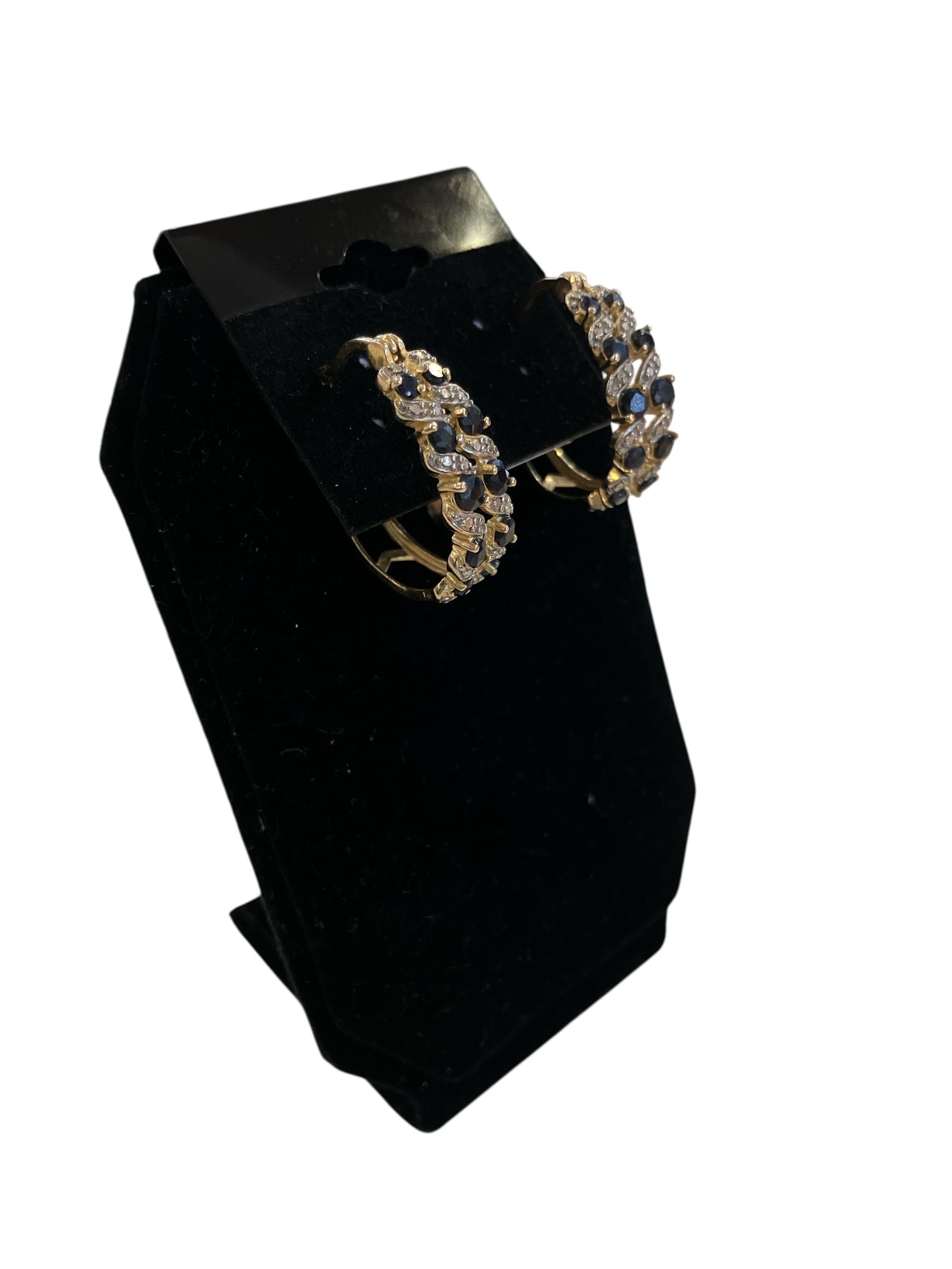 Vintage 18k Gold Plate With Blue and White Stones Hoop Earrings