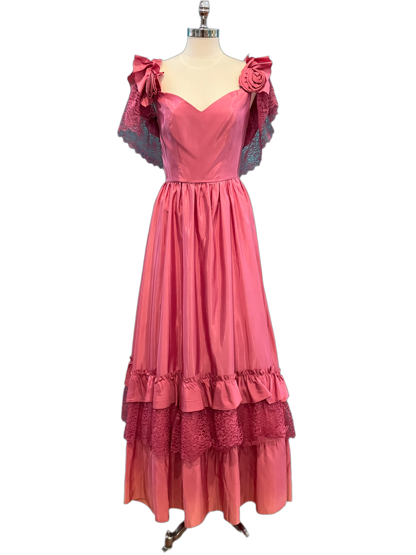 1980s Hand Made Pink Ruffles and Roses Formal Gown