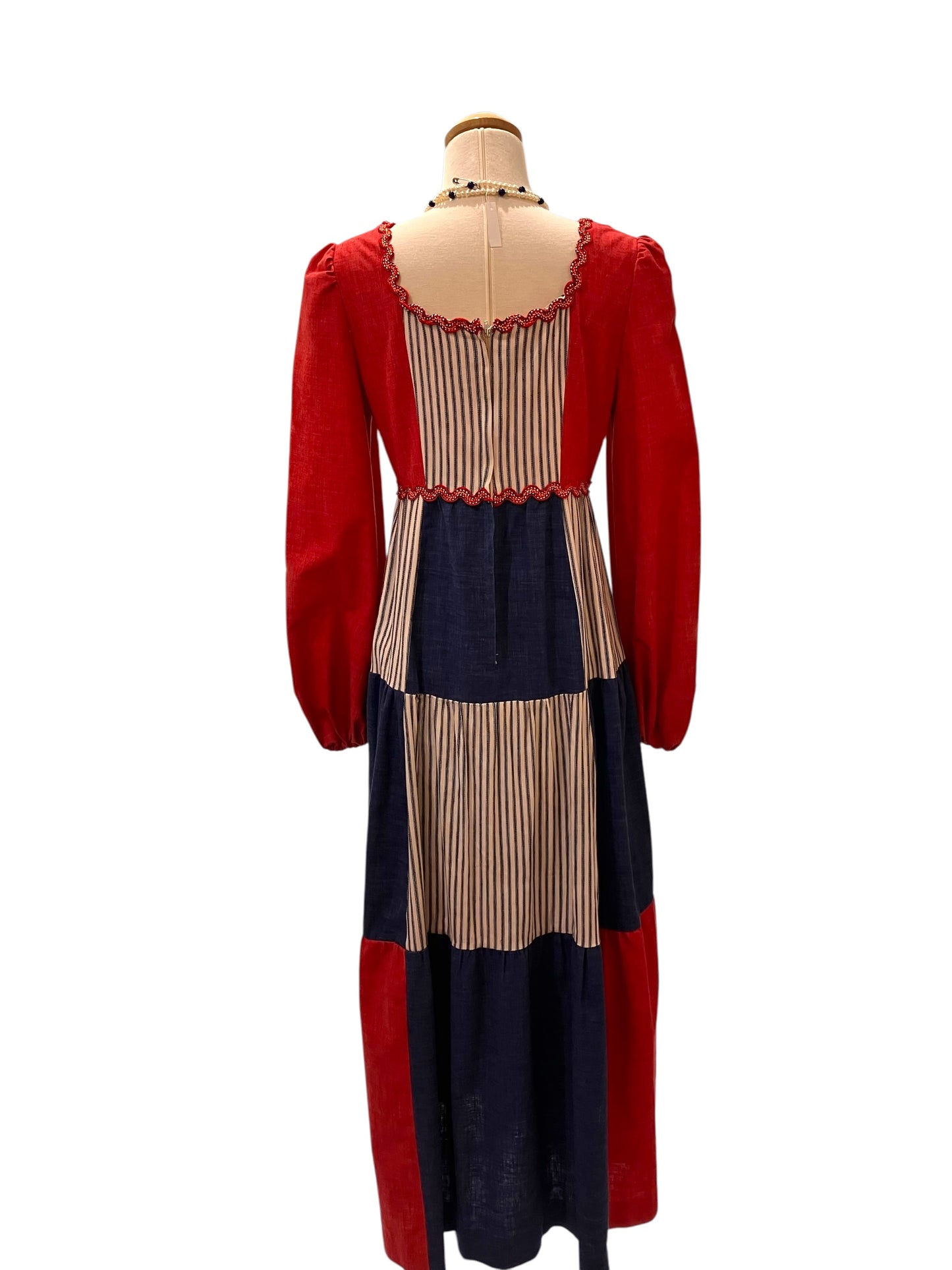 Vintage Rare Young Edwardian Red White and Blue Patchwork Prairie Dress With Zig Zag Trim