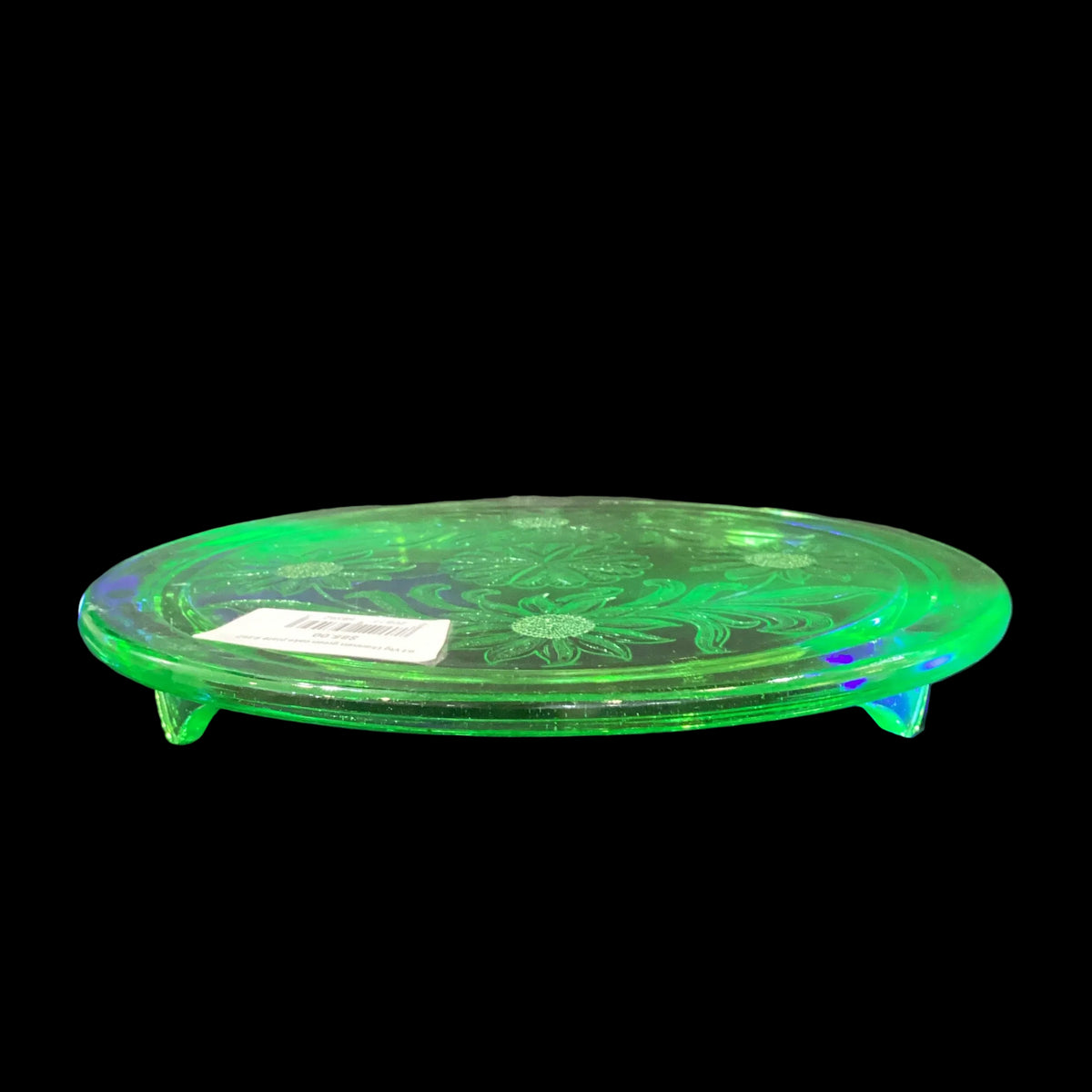Stunning Rare Vintage Uranium Vaseline Depression Glass Cake Plate with Sunflower Motif (1pc)