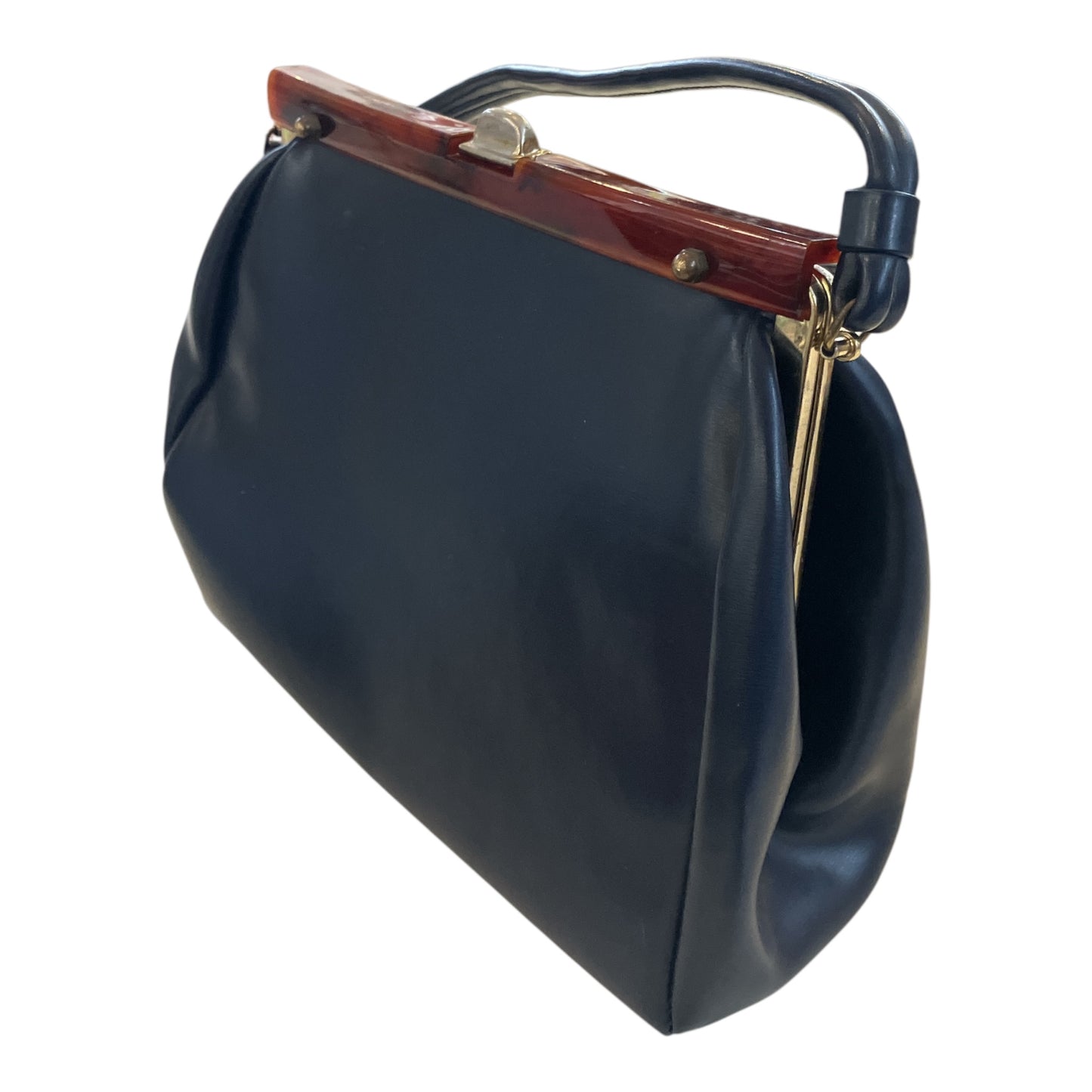 Vintage Navy Blue Bag with Brown Lucite Closure and Brass Hardware Excellent Condition