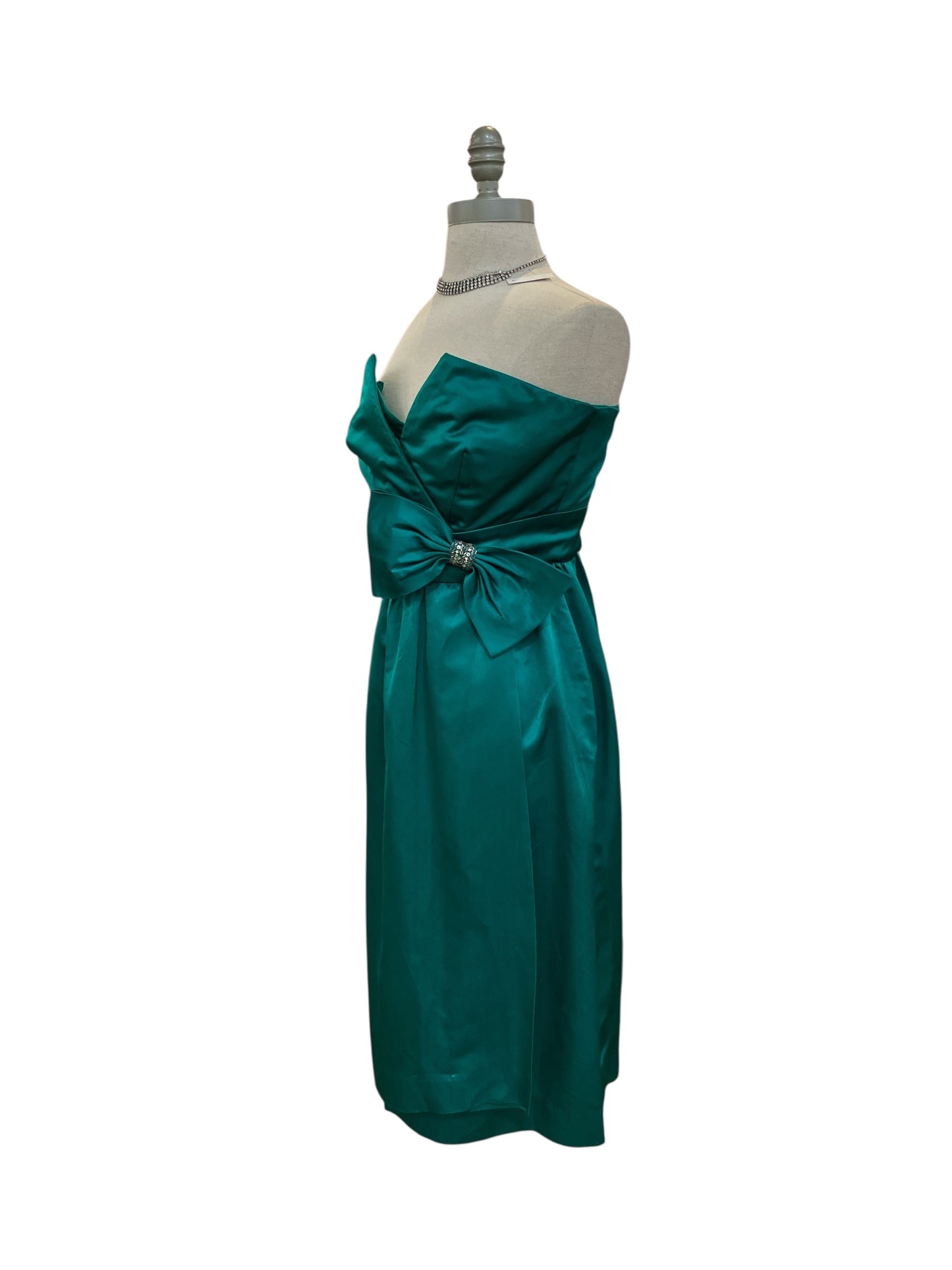 Vintage 1950s Handmade Blue/Green Strapless Wiggle Dress With Large Bow and Rhinestone Detail