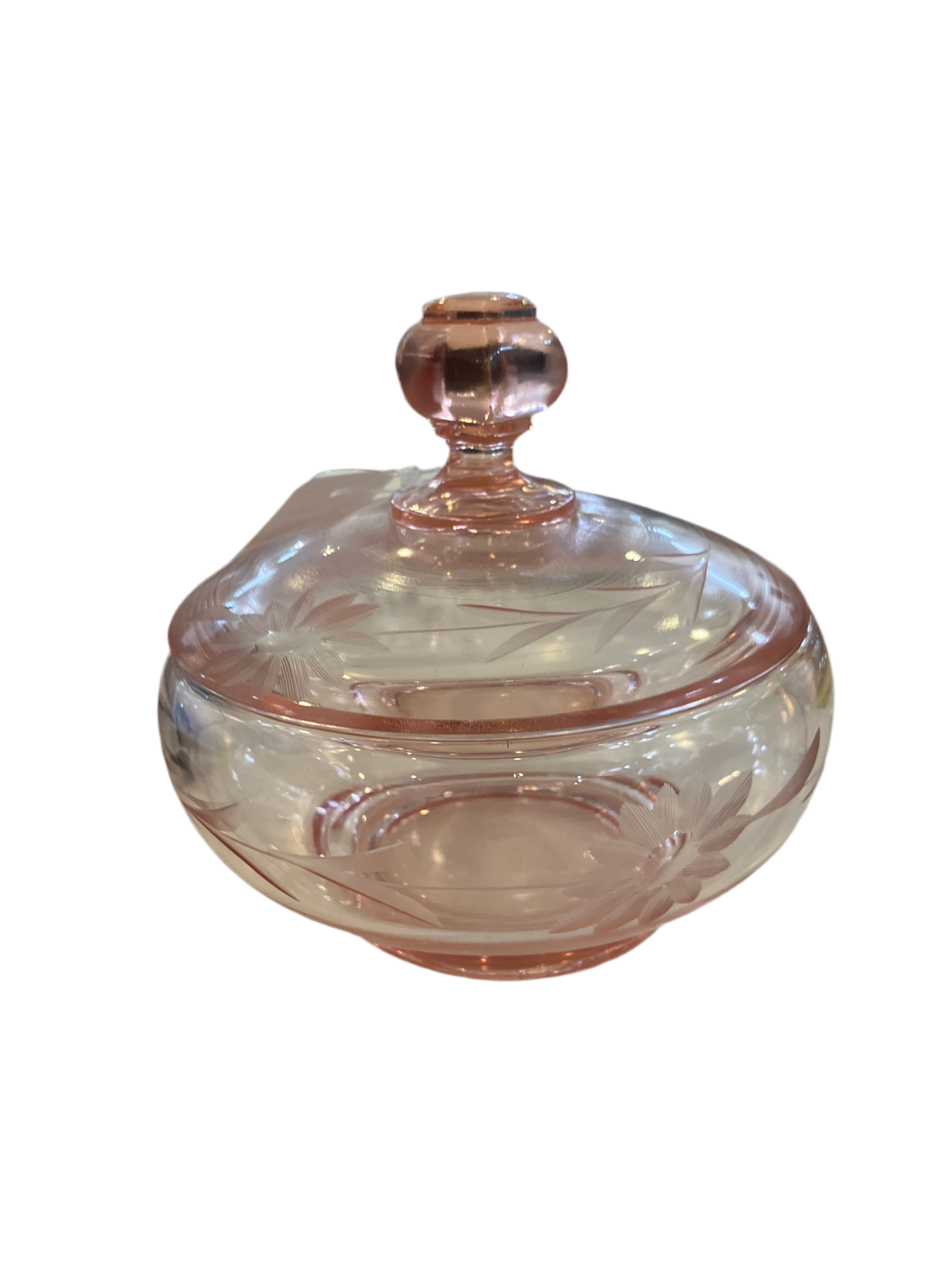 Vintage Pink Etched Glass Candy Dish with Lid