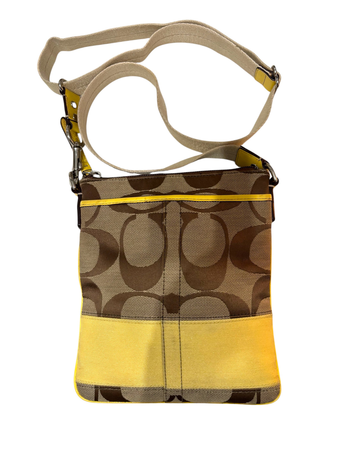 Vintage Coach Butter Yellow Crossbody Rectangle Signature Canvas Trimmed in Patent Leather