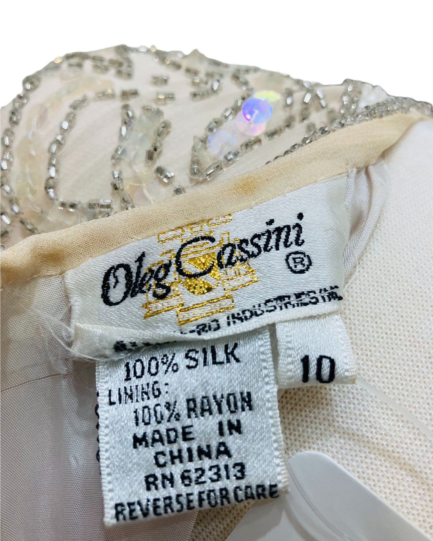 Designer “Oleg Cassini” Beige Beaded & Sequin Dress (100% Silk)