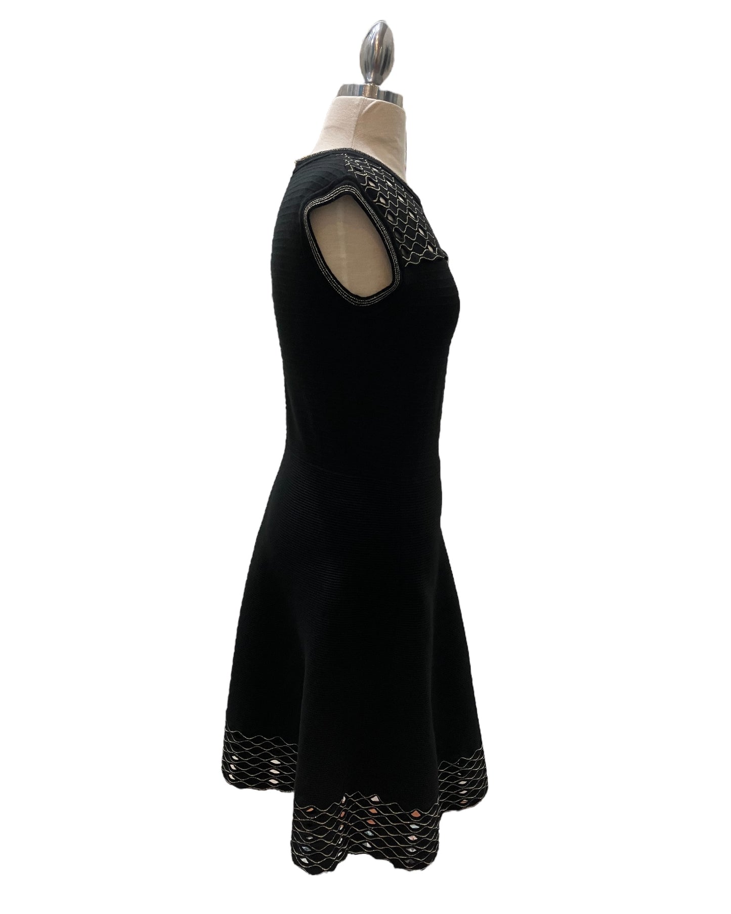 Designer Ted Baker Black Knit Dress With Metallic Gold Design