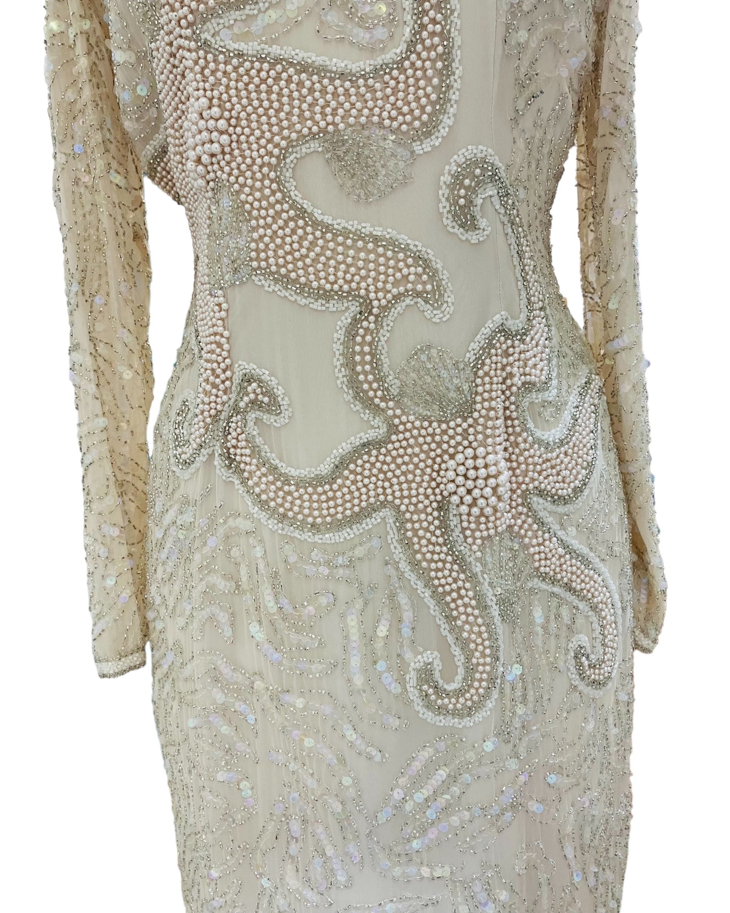 Designer “Oleg Cassini” Beige Beaded & Sequin Dress (100% Silk)