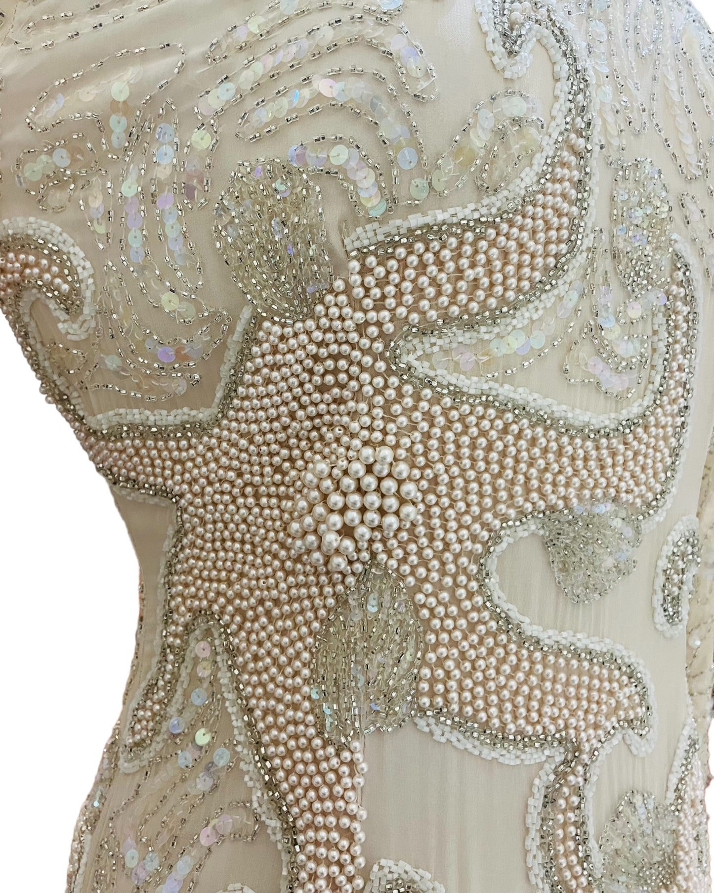 Designer “Oleg Cassini” Beige Beaded & Sequin Dress (100% Silk)