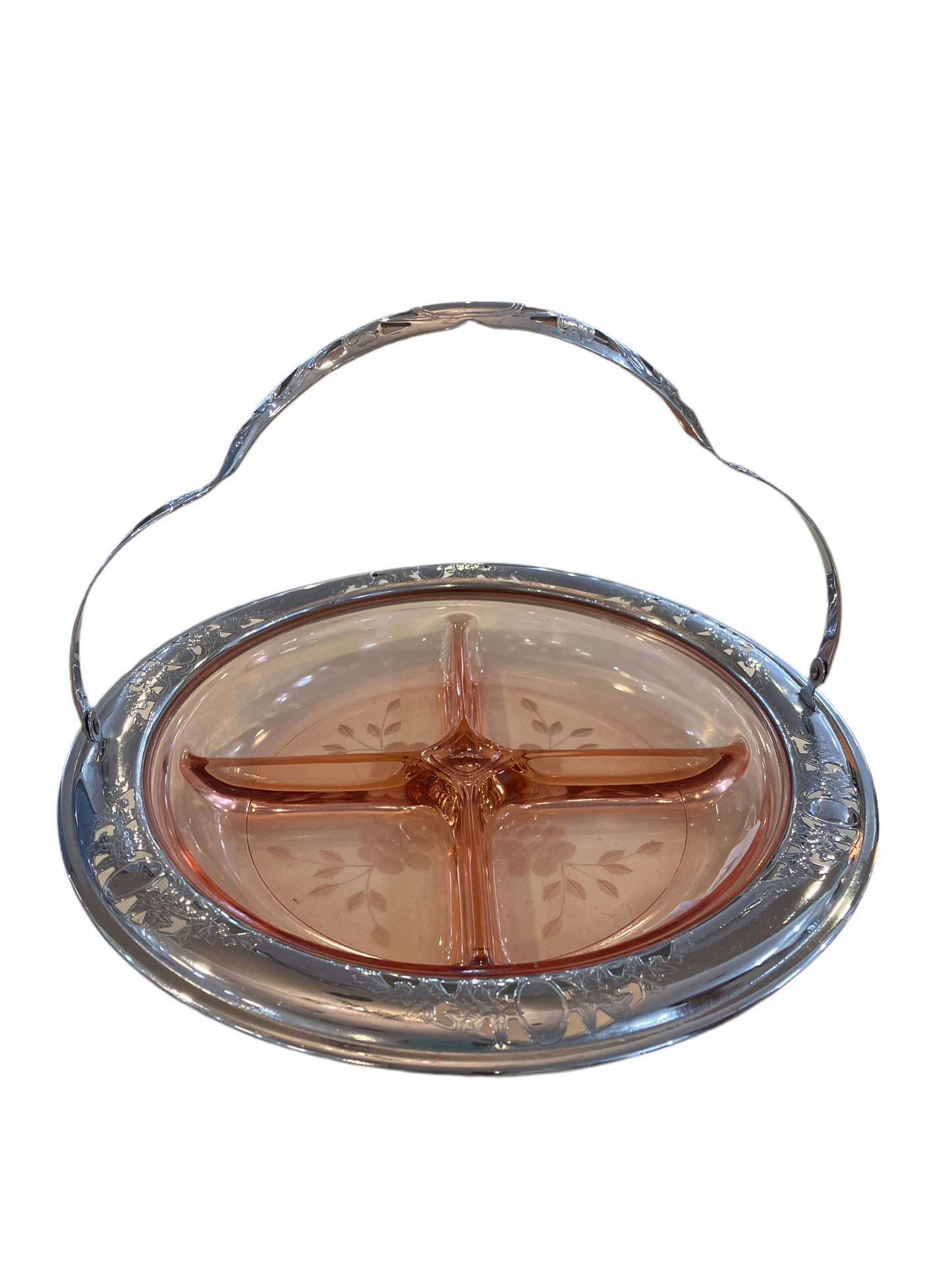 Vintage Pink Etched Glass Relish with Four Compartments