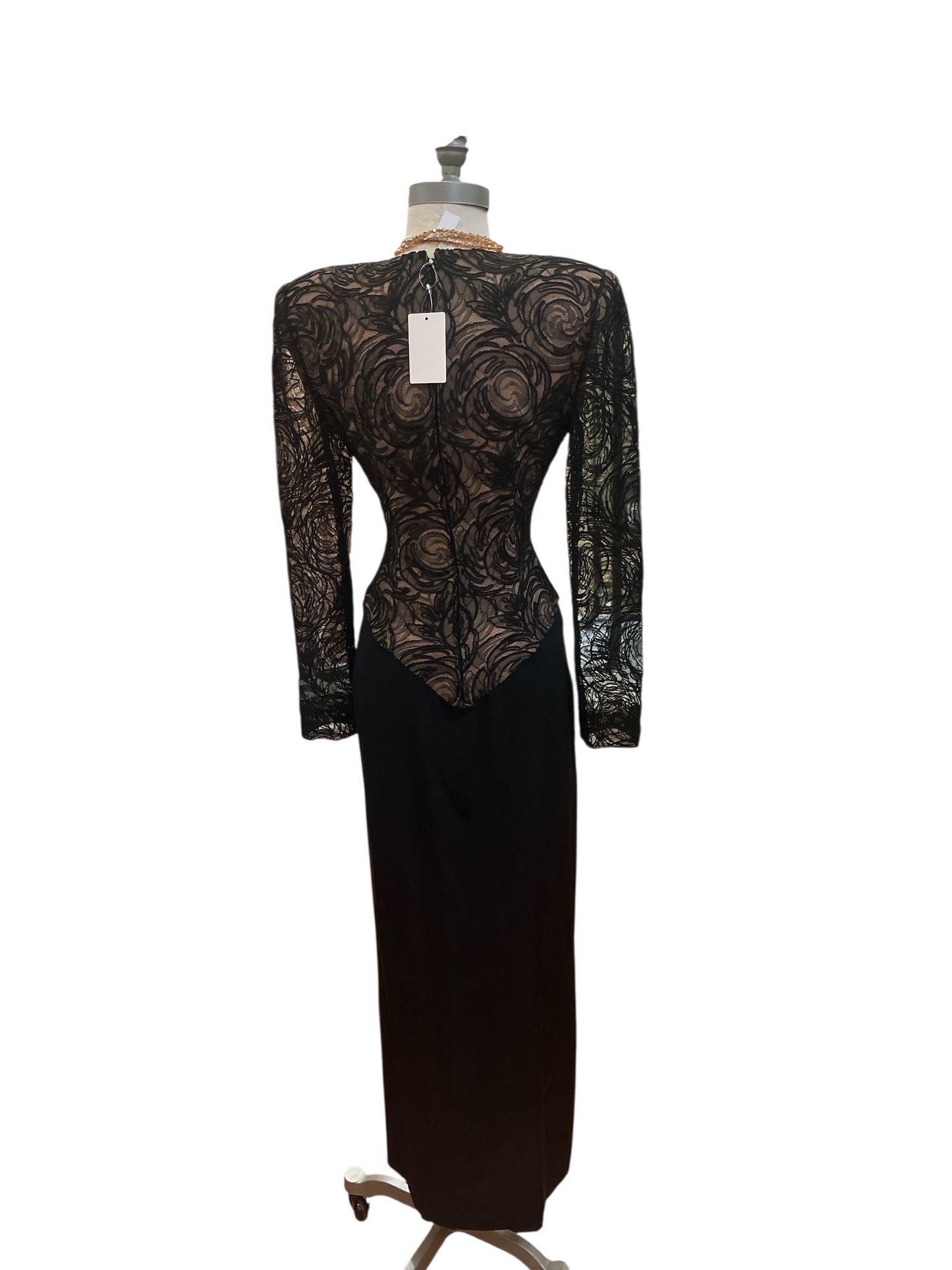 Vintage 1980s Custom Made Black and Nude Lace Illusion Dress with Shoulder Pads
