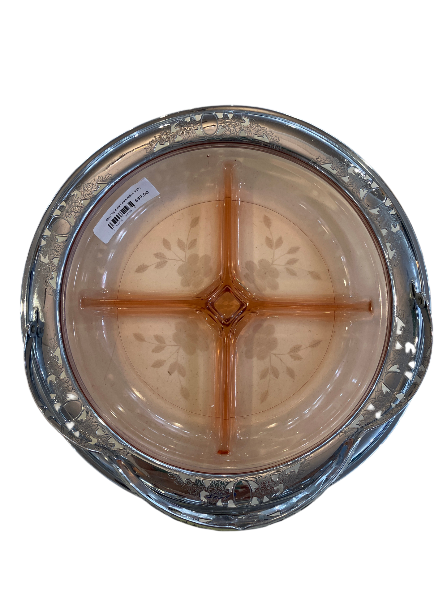 Vintage Pink Etched Glass Relish with Four Compartments