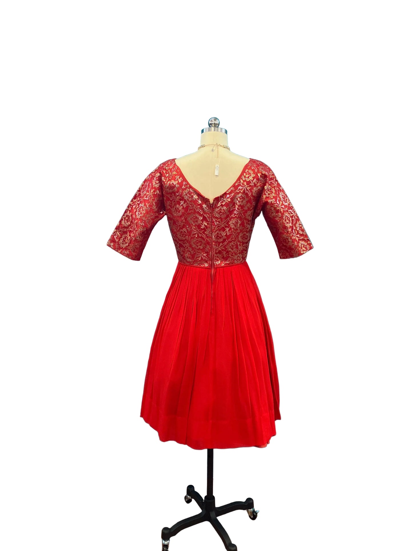 1950’s Vintage Red Cocktail Dress with Gold Floral Bodice (accessories not included)