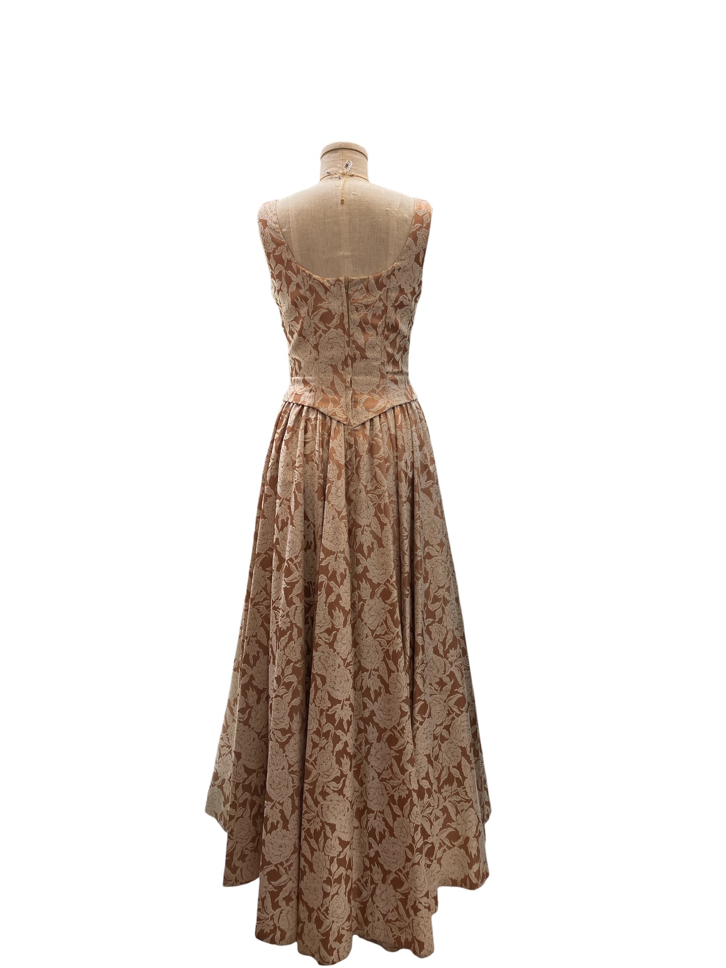 Vintage Jessica McClintock Gold Brocade Princess Gown with Boned Bodice and Full Skirt Built in Crinoline