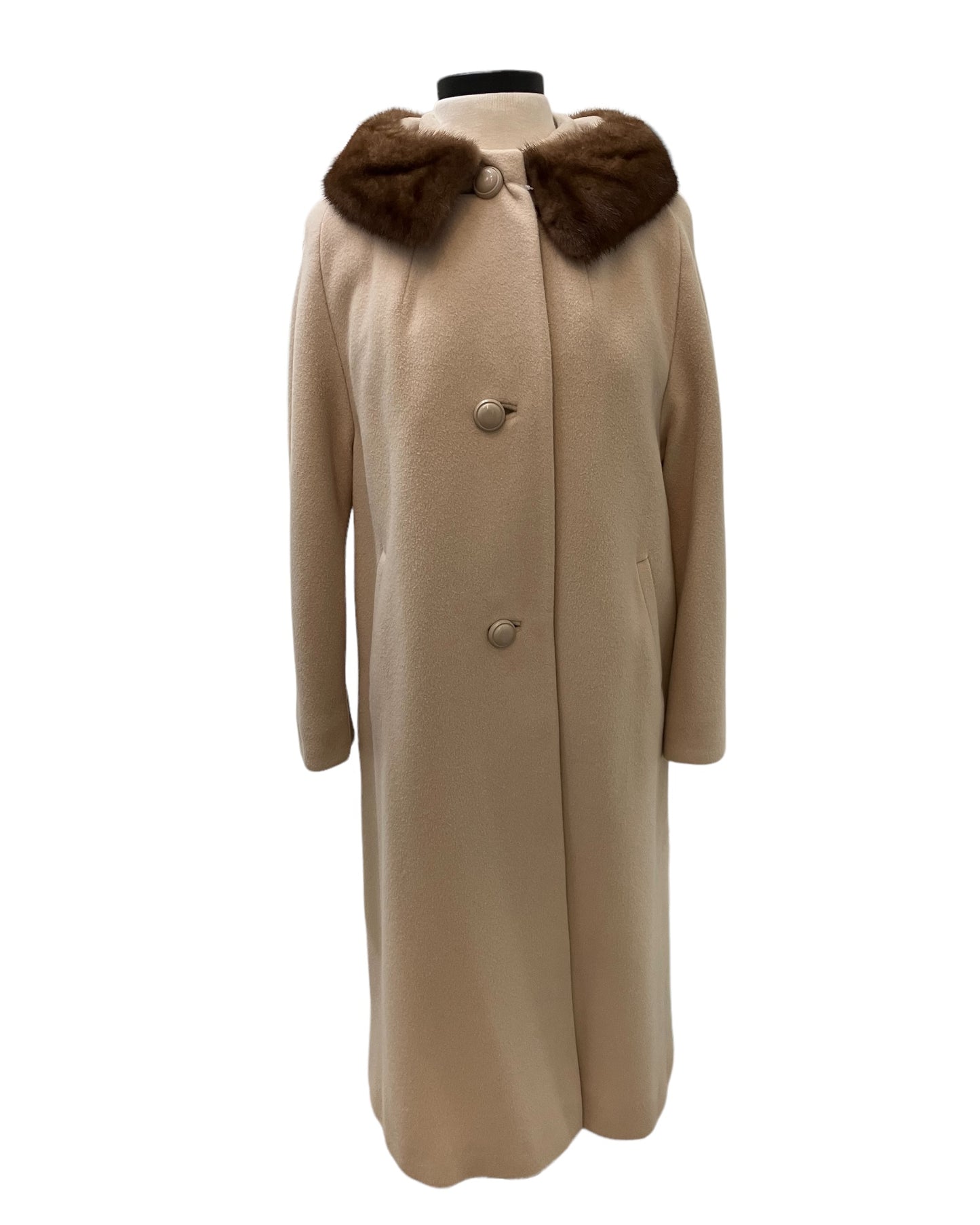 100% Cashmere Tan Color Coat With Fur Collar (1960s)