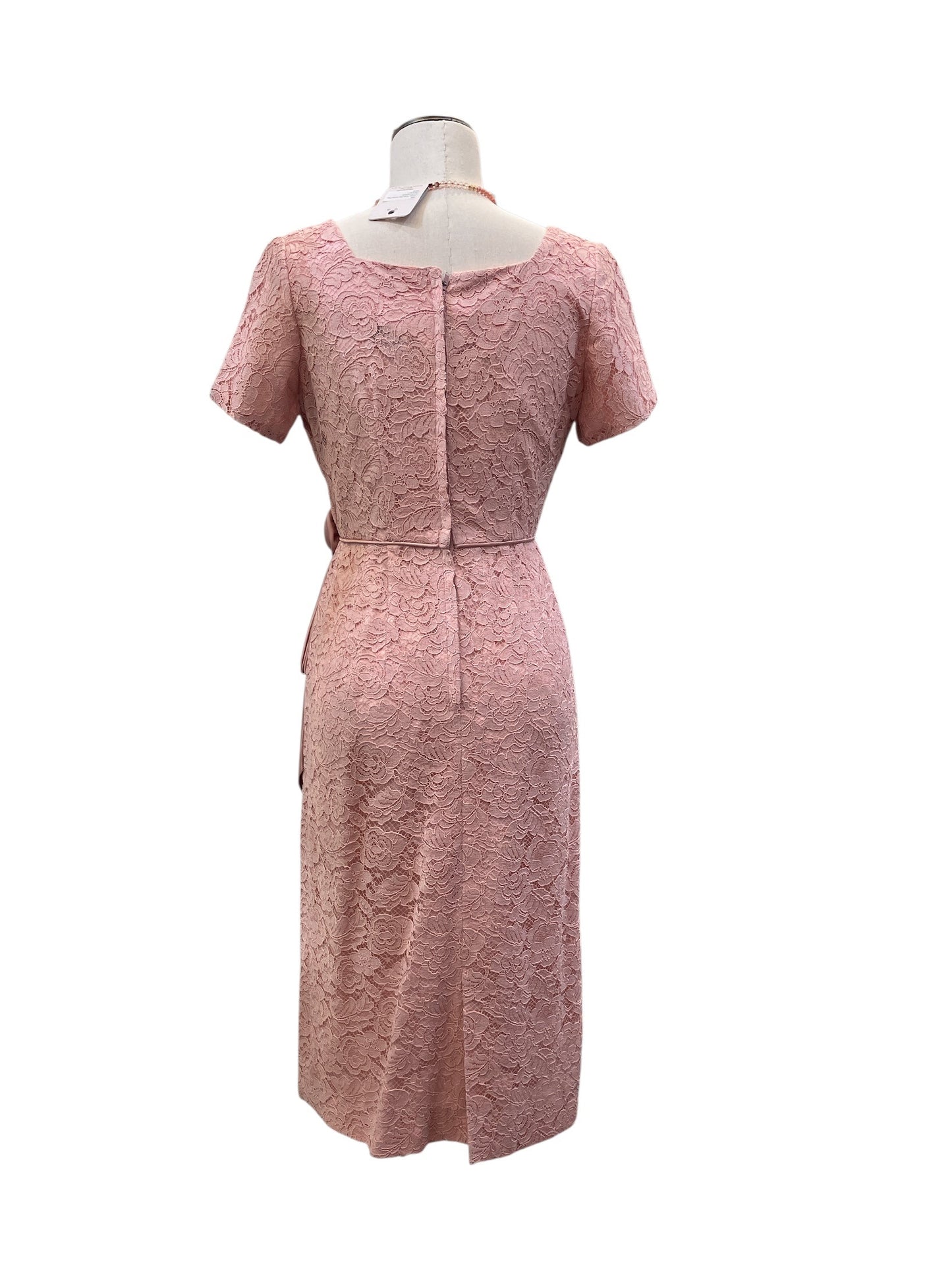 Vintage 1950s Elegant Pink Lace Knee Length Dress With Square Neckline and Rose Accent
