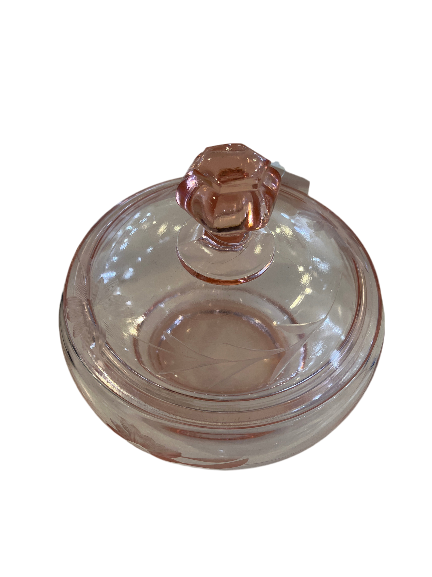 Vintage Pink Etched Glass Candy Dish with Lid