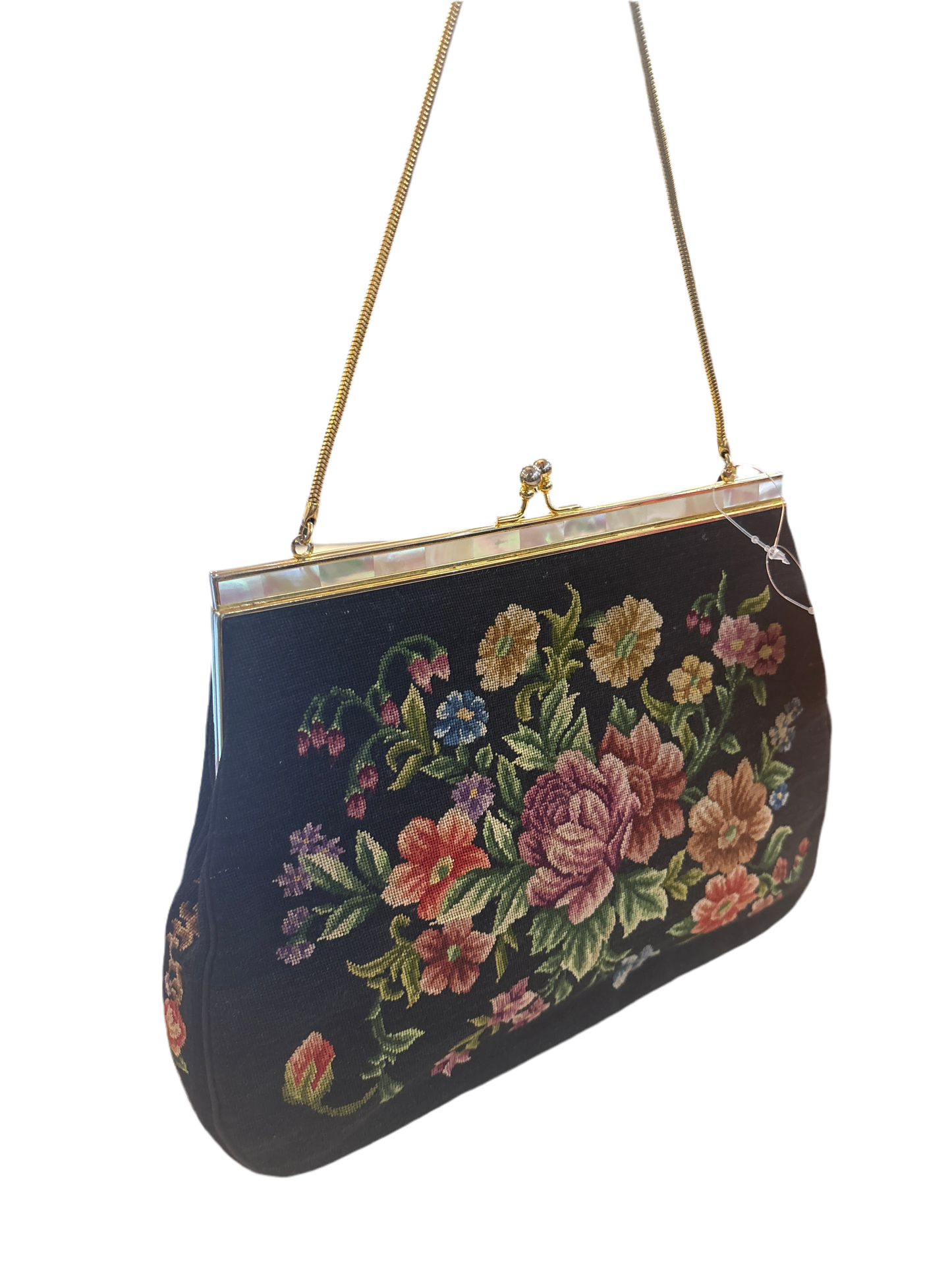 Vintage Black Floral Needlepoint Bag