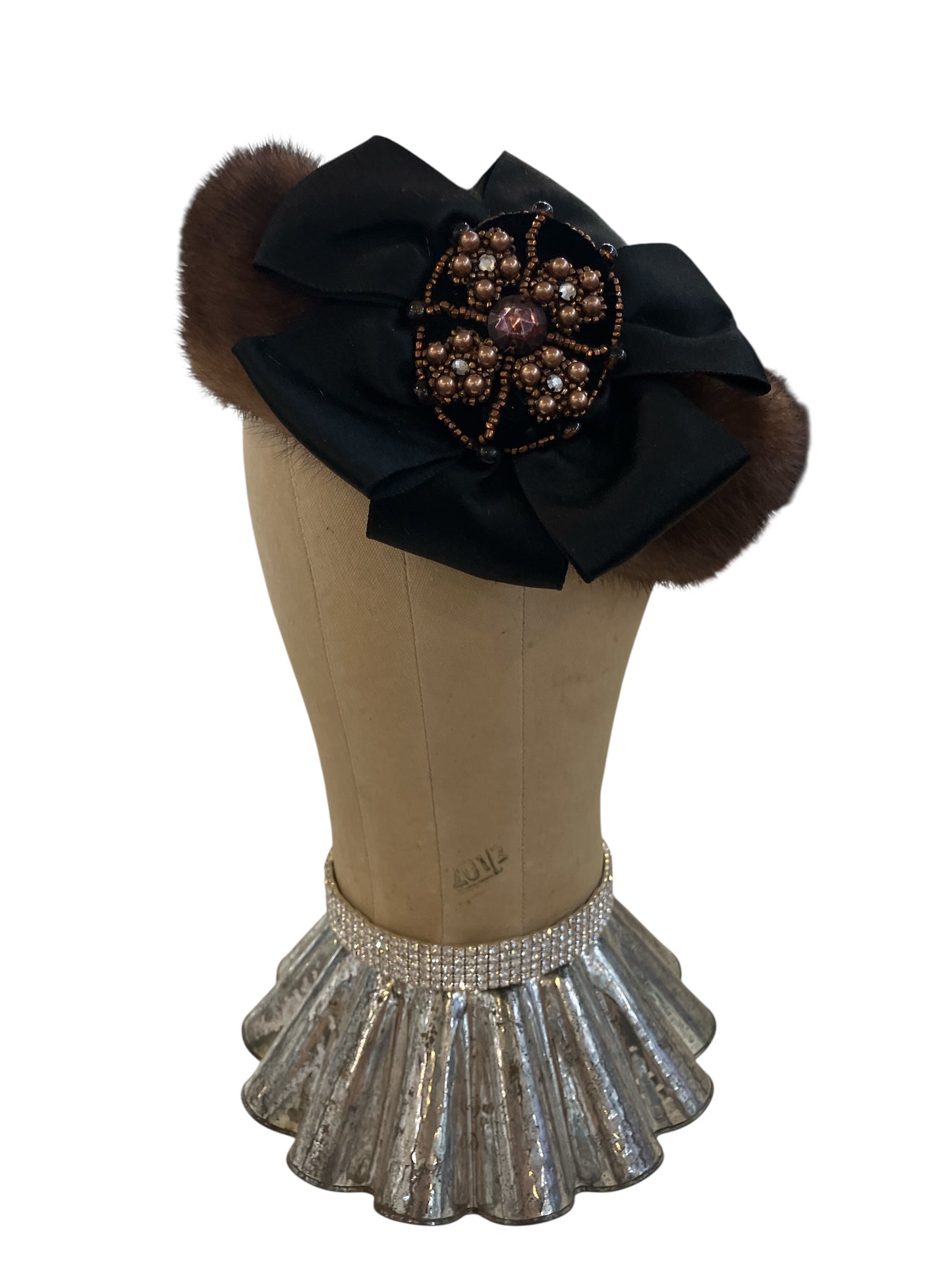 Vintage Bergdorf Goodman Custom One of a Kind Ladies Mink Dress Hat with Amber Rhinestone and Faux Pearl Beading