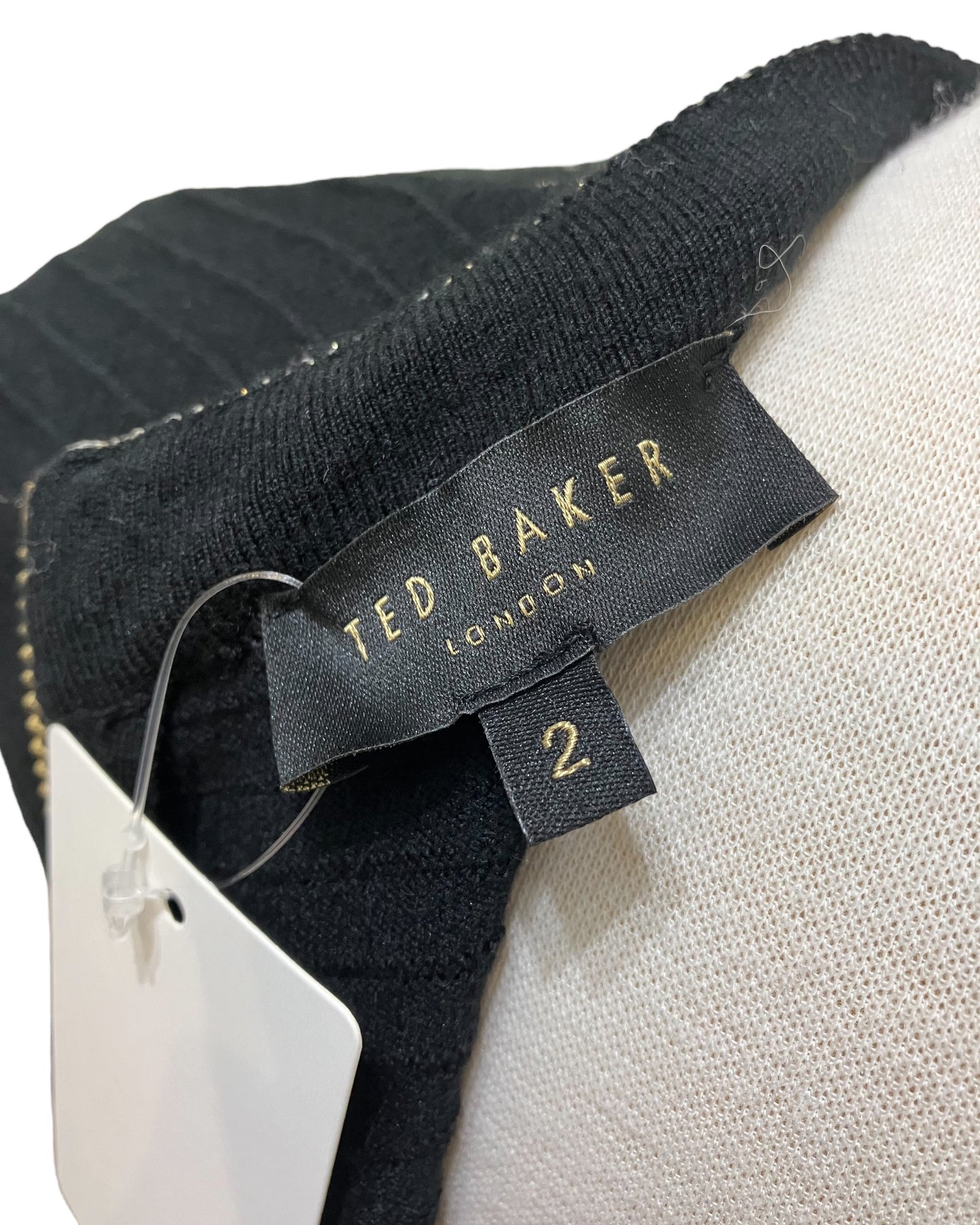 Designer Ted Baker Black Knit Dress With Metallic Gold Design