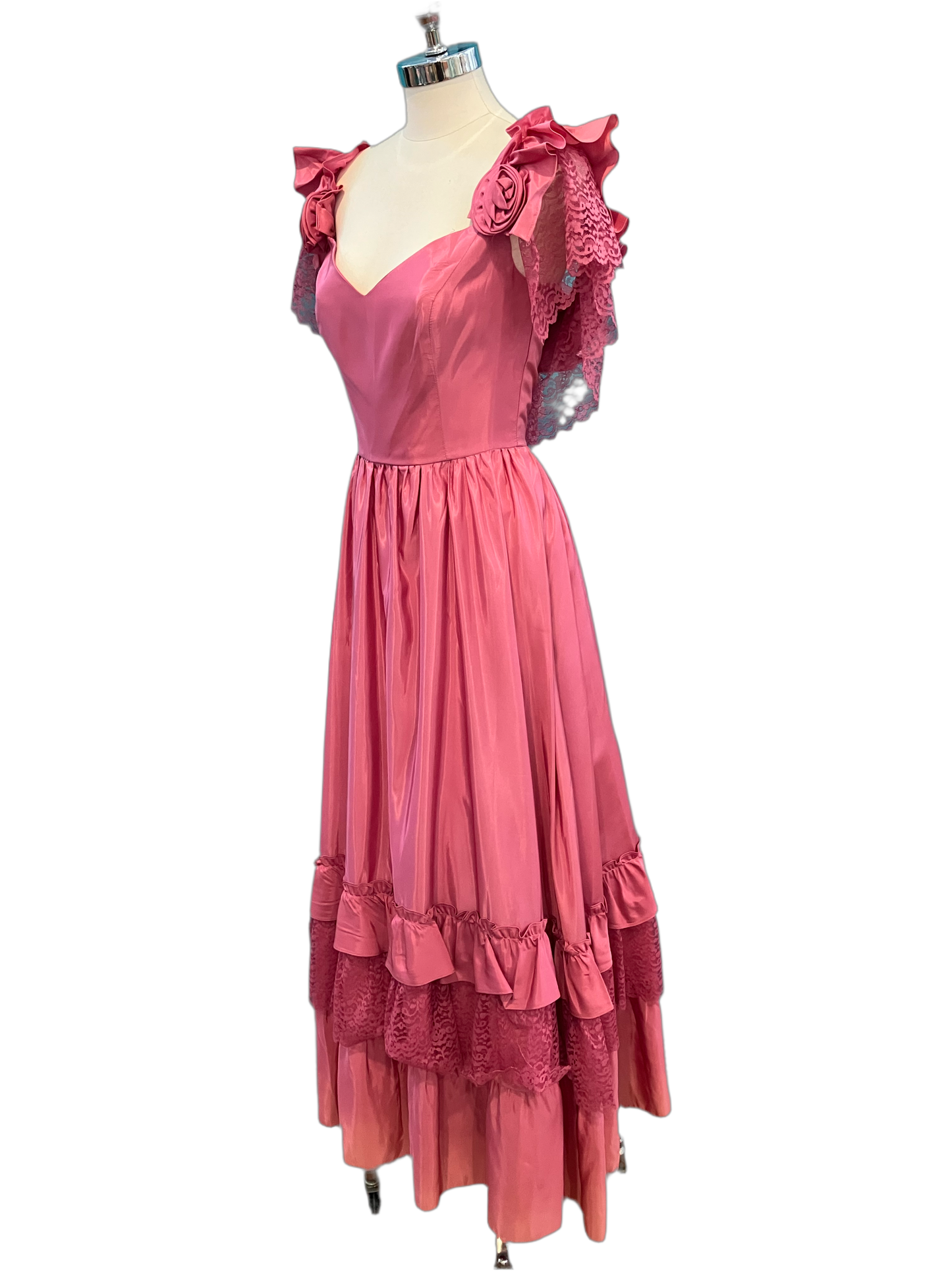 1980s Hand Made Pink Ruffles and Roses Formal Gown