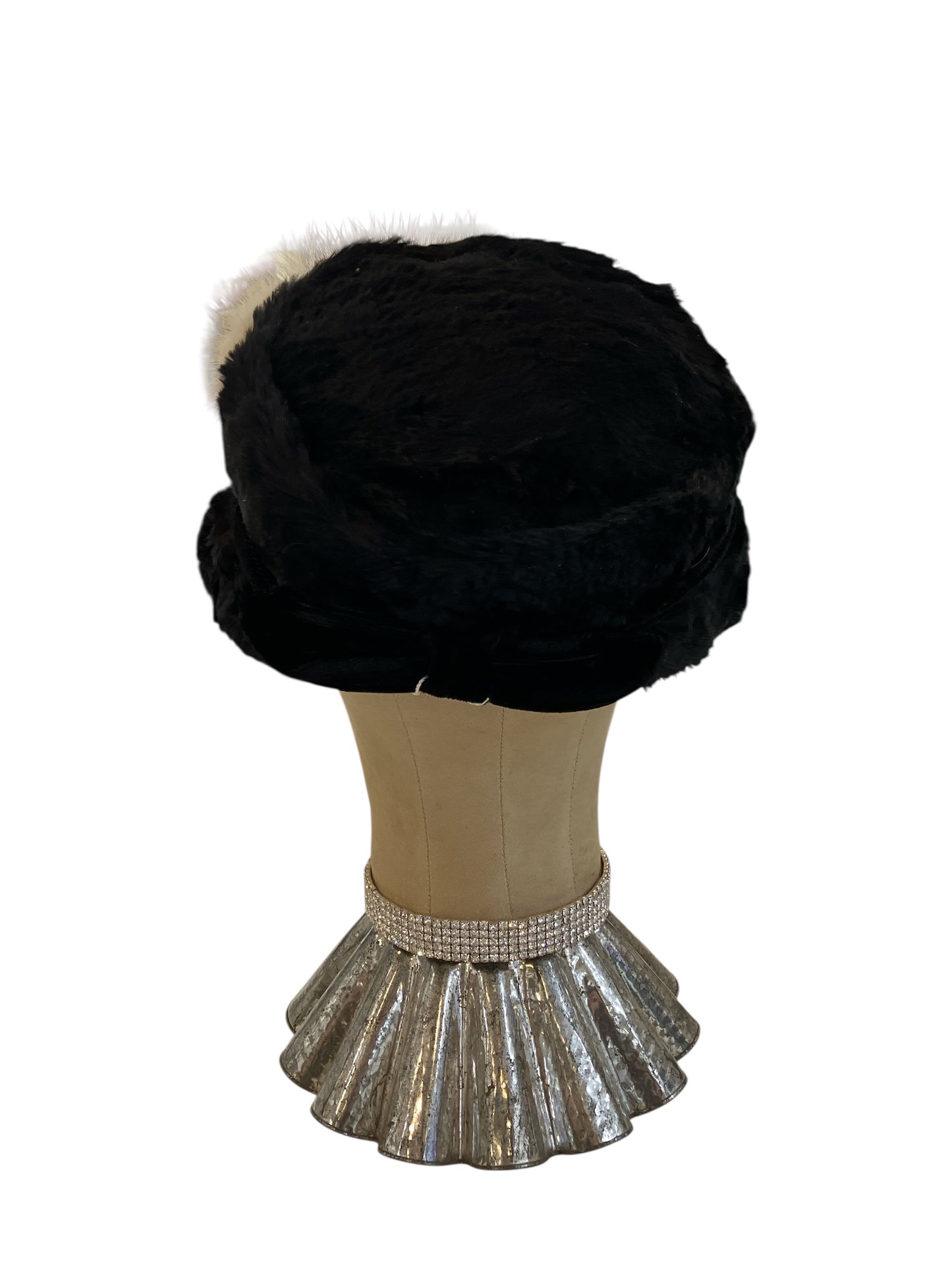 Vintage Fur Hat Black Ivory Tail Black Velvet Bow