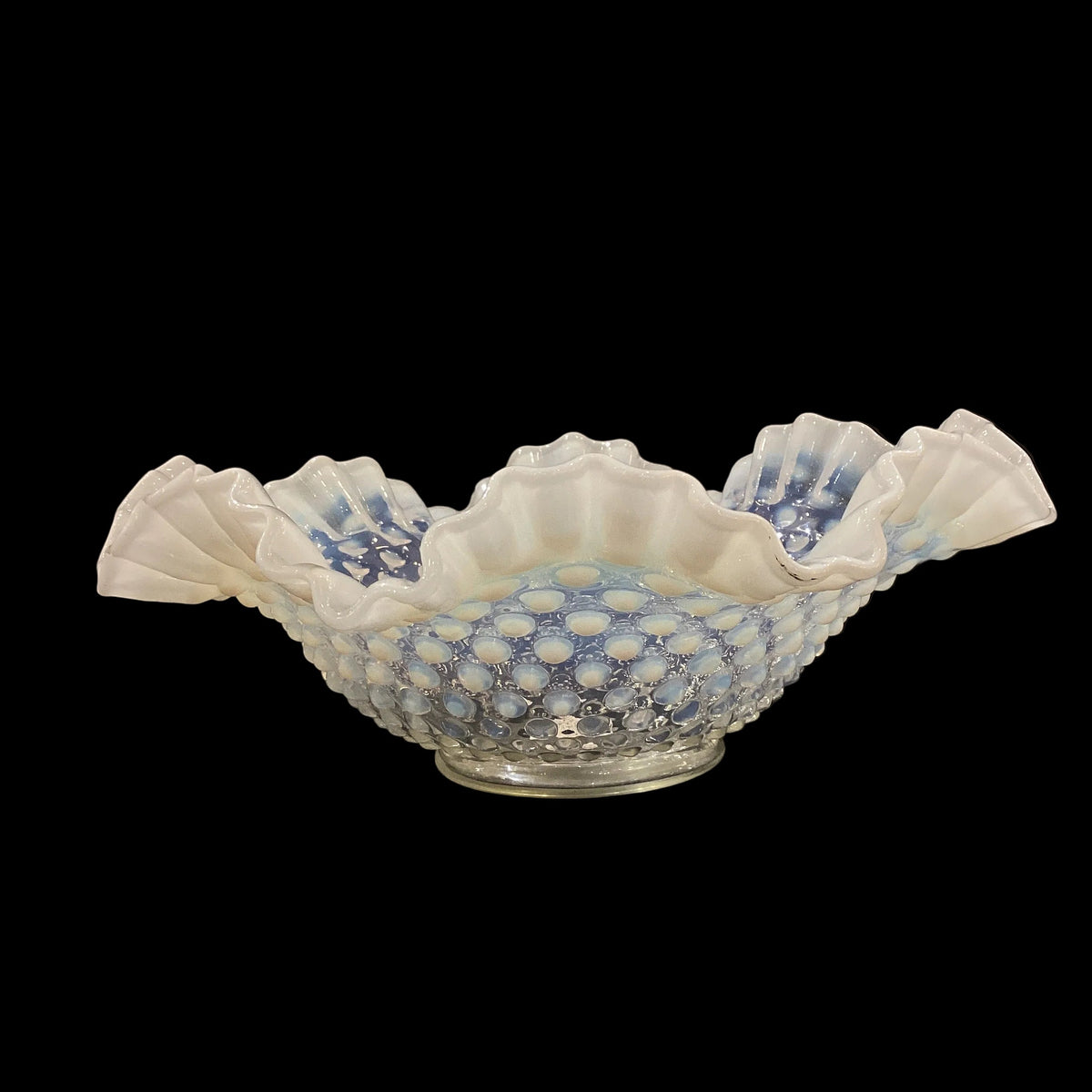 Exquisite Vintage Fenton Hobnail Opalescent Clear Blue White Ombré Large Glass Bowl Crimped Edges (1pc)