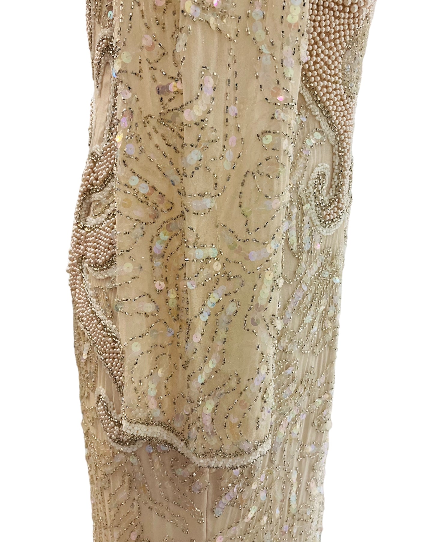 Designer “Oleg Cassini” Beige Beaded & Sequin Dress (100% Silk)