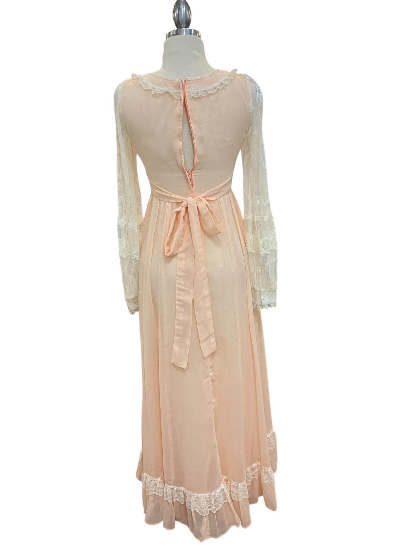 Vintage Gunne Sax Pale Pink Cotton Voile Lace Up Prairie Dress with Scoop Neck and Lace Sleeves