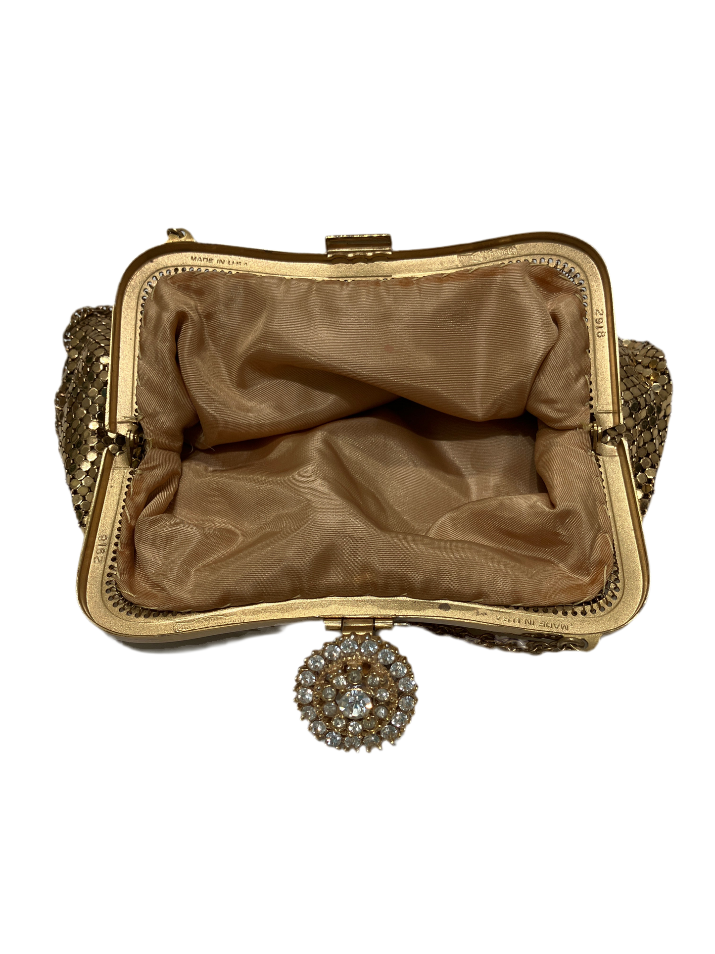Vintage Whiting and Davis Metal Mesh Bag Rhinestone Button Closure