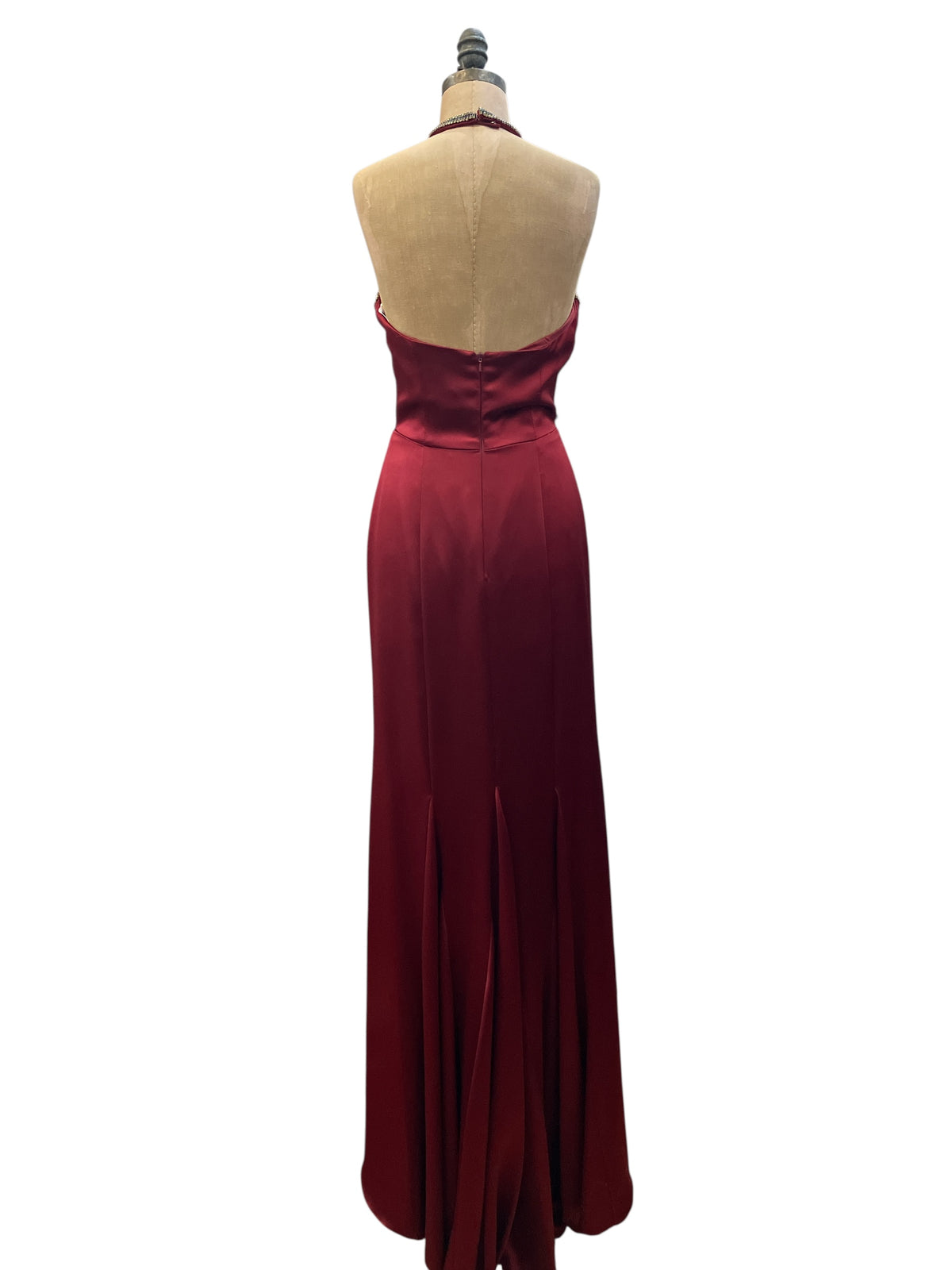 Designer SHERRI HILL New with Tags Red Halter Trumpet Gown with Long Train and Blue and Gold Rhinestone Embellishment