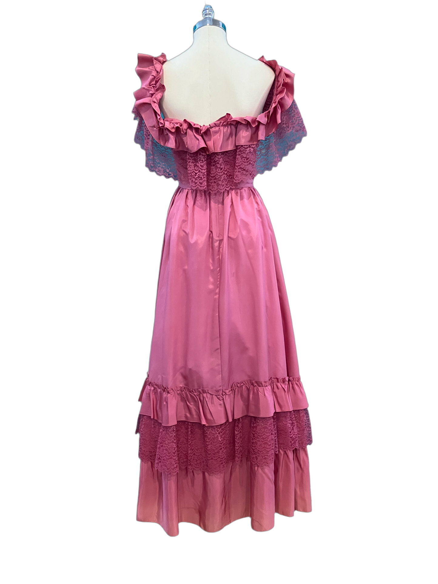 1980s Hand Made Pink Ruffles and Roses Formal Gown