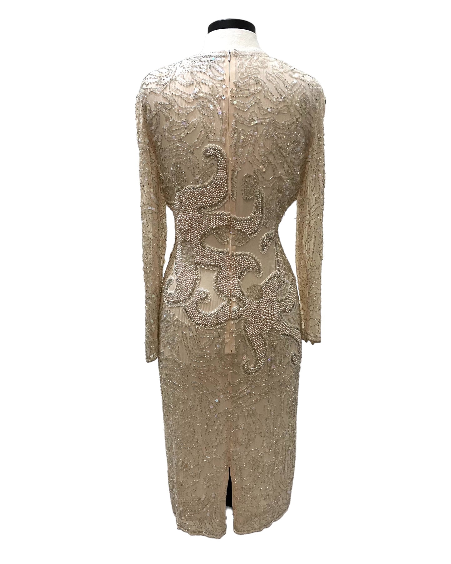 Designer “Oleg Cassini” Beige Beaded & Sequin Dress (100% Silk)