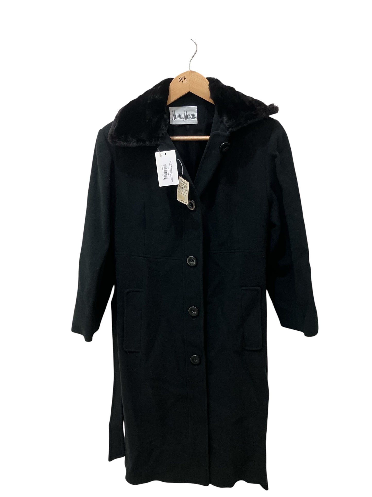 Vintage Neiman Marcus Black Wool and Cashmere Coat with Sheared Rabbit Collar