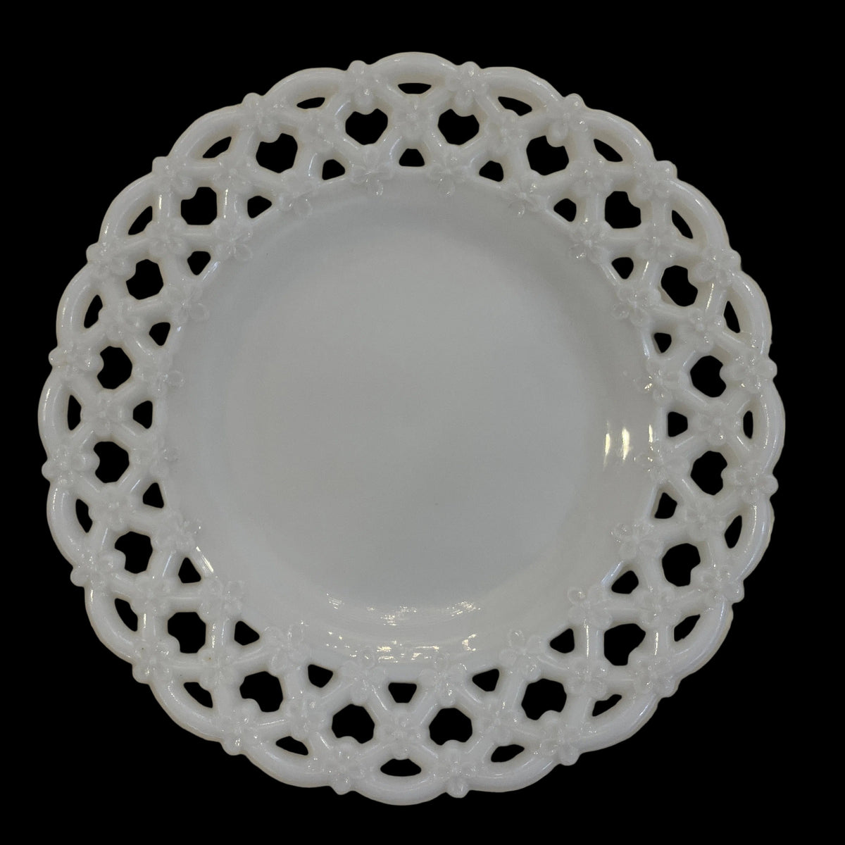 Vintage Milk Glass Plate Open Edge Floral Basket Motif
