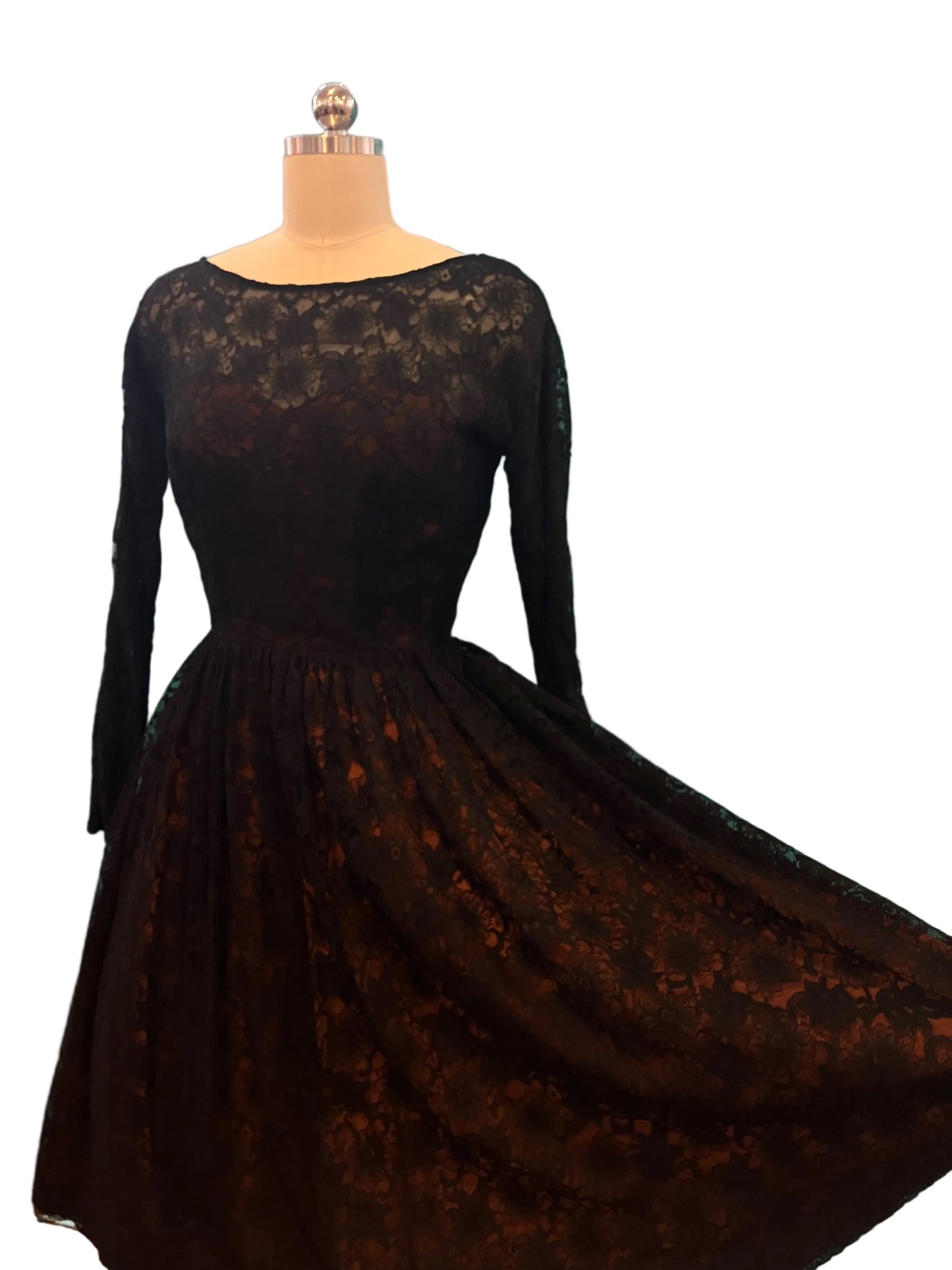 Vintage 1950s Ellen Kaye Black Lace Dress with Orange Lining