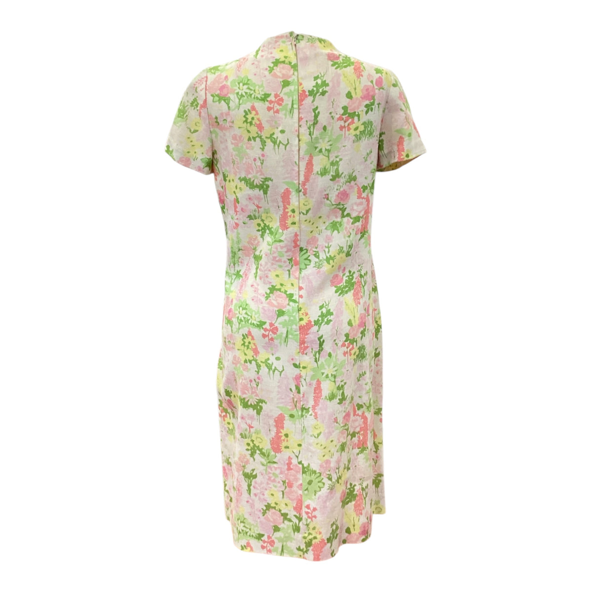 Vintage 1960s Handmade Linen Short Sleeve Sheath Dress Spring Floral Pattern Pink Light Yellow Green Fabric Button Front