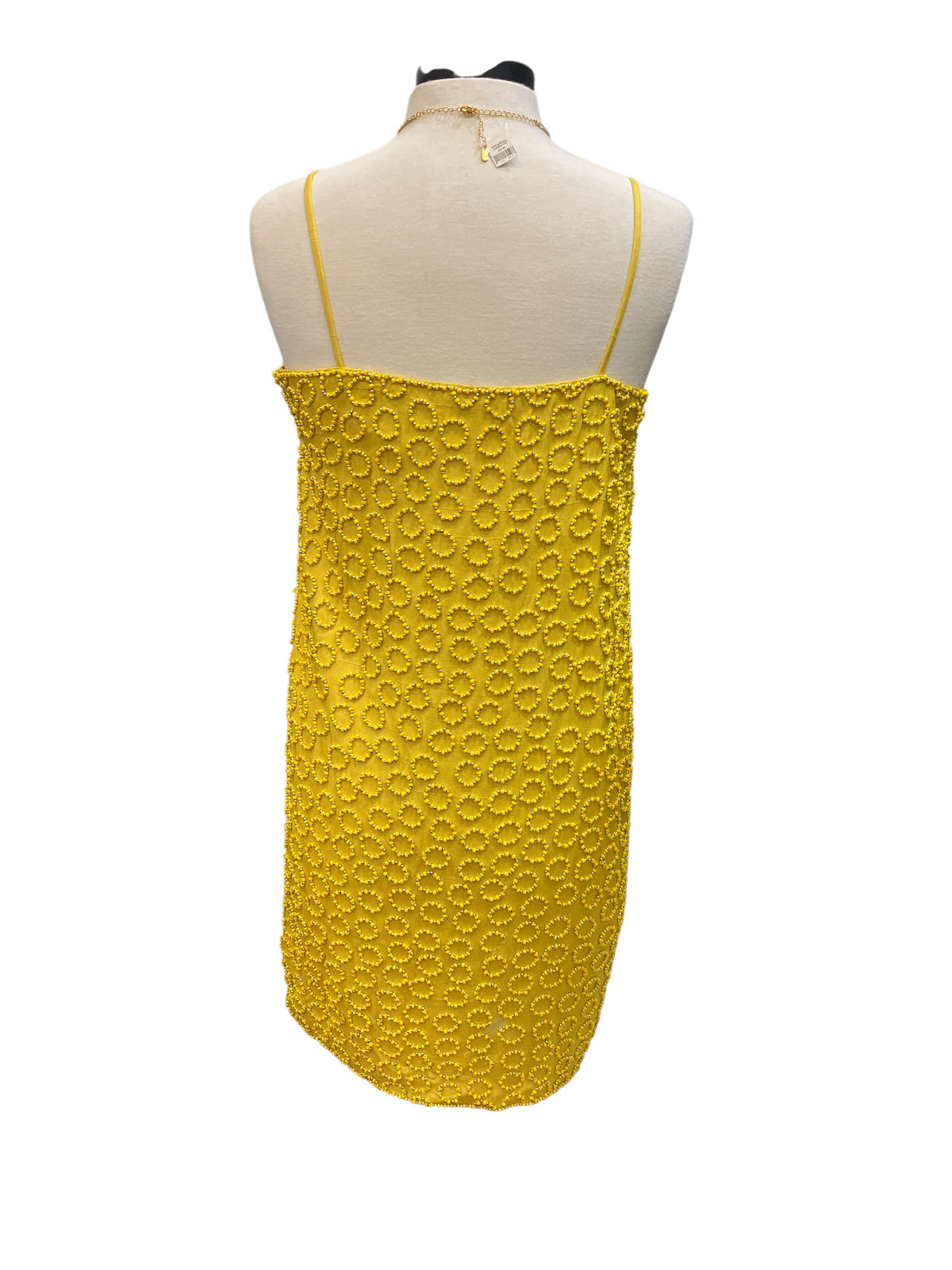 Vintage Yellow 100% Silk Shell Sheath Dress Cocktail Circle Pattern Beading “Black Tie” Brand