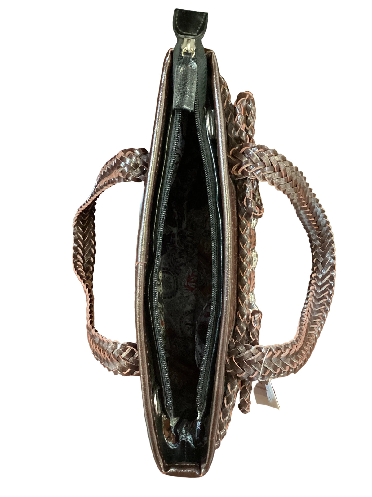 Vintage Brighton Hearts and Bows Black Smooth Leather Brown Croc Embossed Leather Silver Hardware Braided Handle