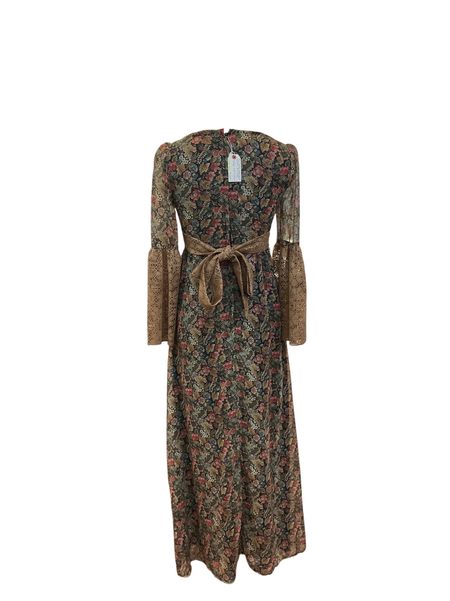 Vintage Late 1960s Early 1970s PBJ Jerrell Gunne Sax Style Mock Apron Dress Brown and Multicolor Floral