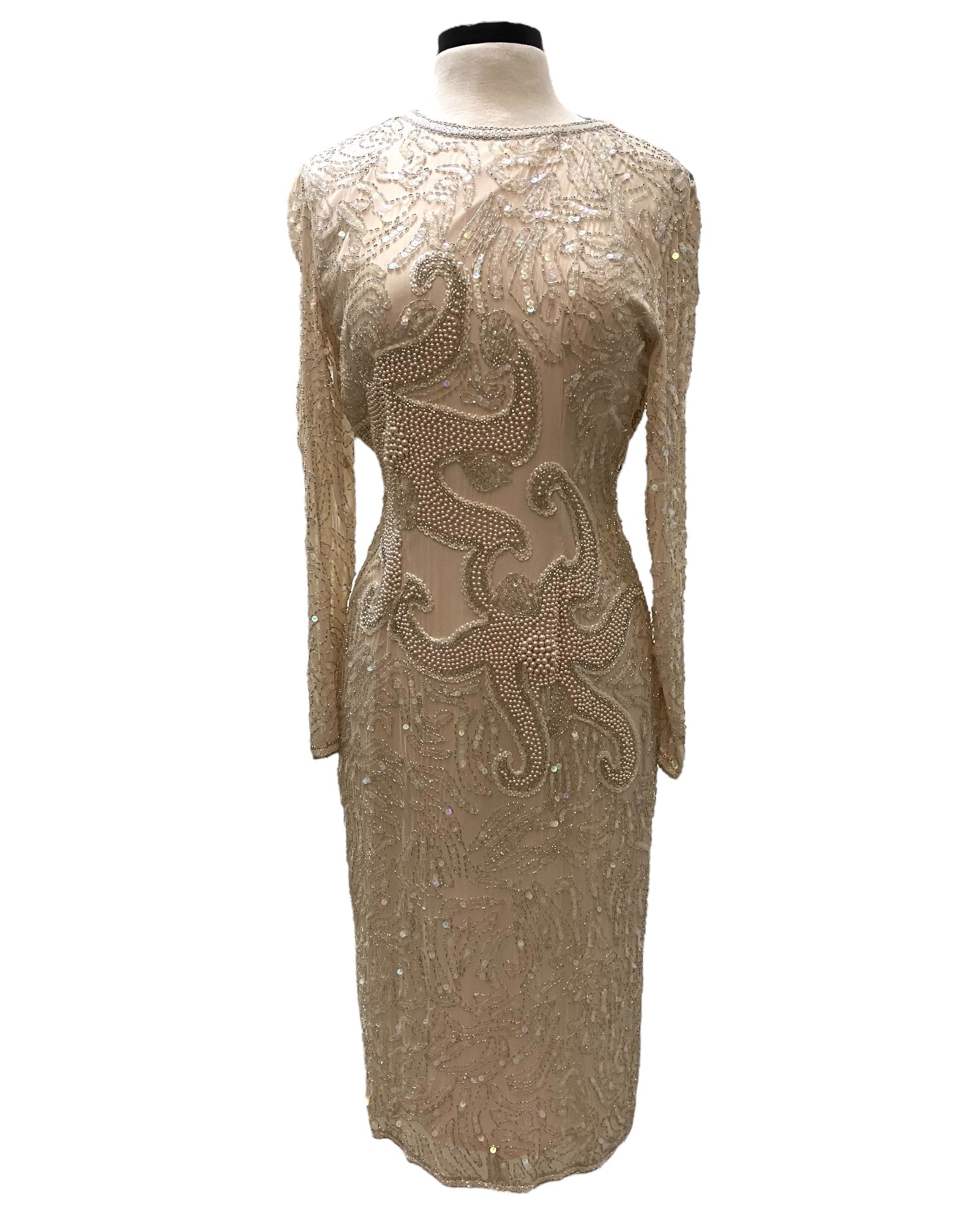 oleg cassini dresses Designer “Oleg Cassini” Beige Beaded & Sequin Dress (100% Silk) – Amorin Vintage