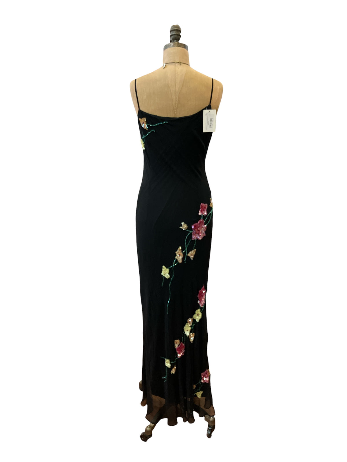 Vintage 1990s Marina Black Silk Spaghetti Strap Bias Cut Pink Floral Beaded Evening Dress