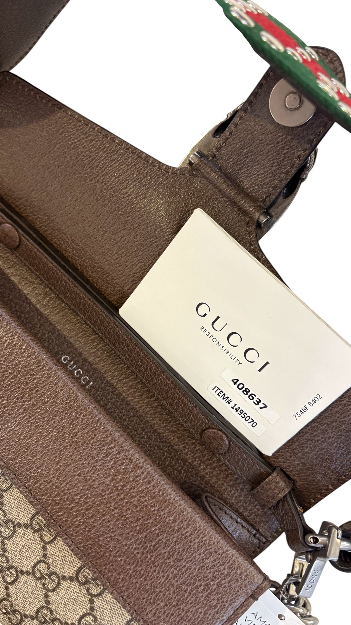 Authentic Gucci Dionysus GG Supreme Canvas Brown Leather Trim Small Bag with Two Straps (Gunmetal Gray Chain Strap, Gucci Studded Red and Green Strap) Includes Dust Bag, Care Booklet, RFID Certificate Like New Without Tags