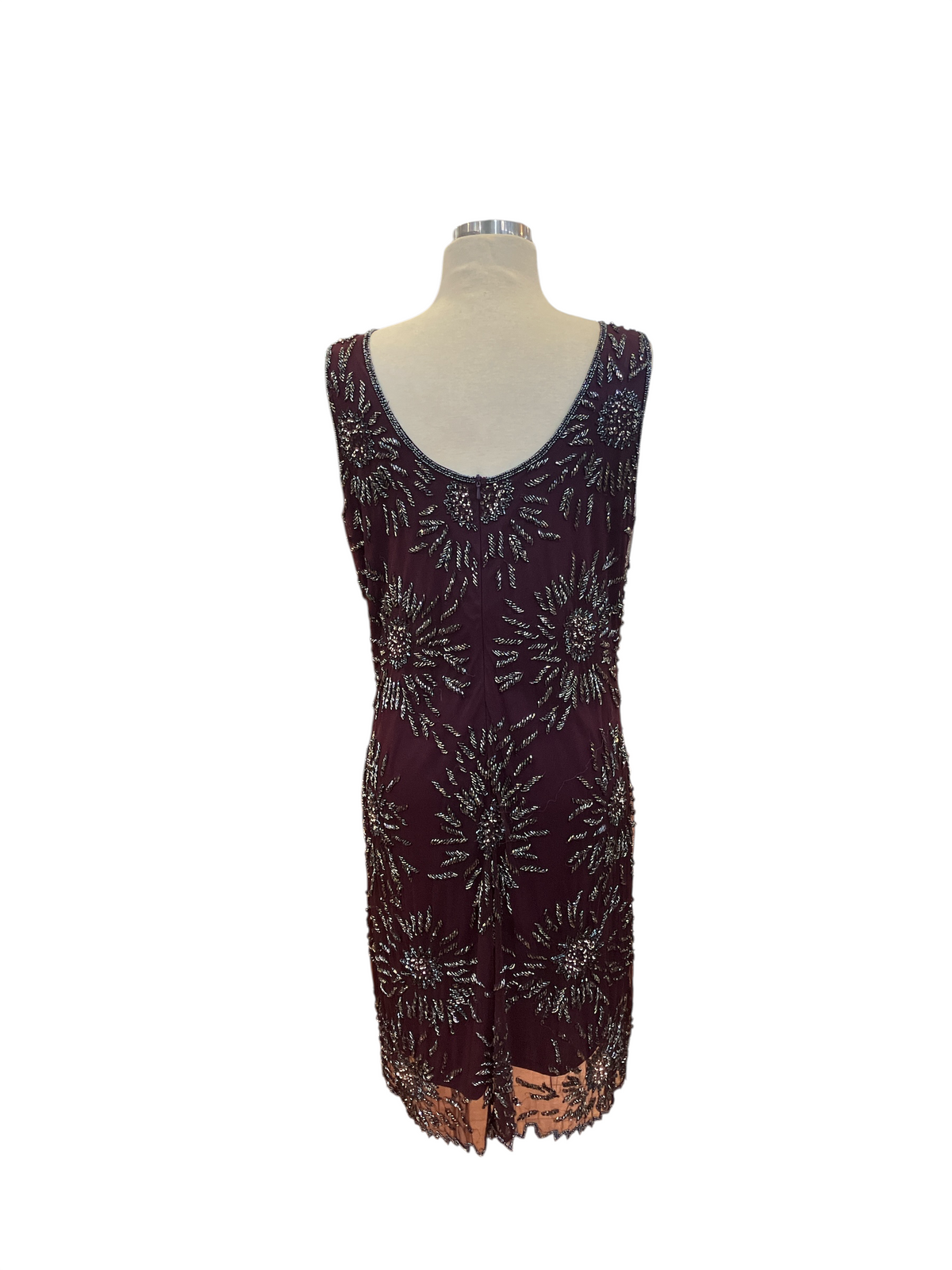 Vintage Pissarro Nights Eggplant Purple with Navy Blue and Silver Beading Sleeveless Evening Cocktail Dress