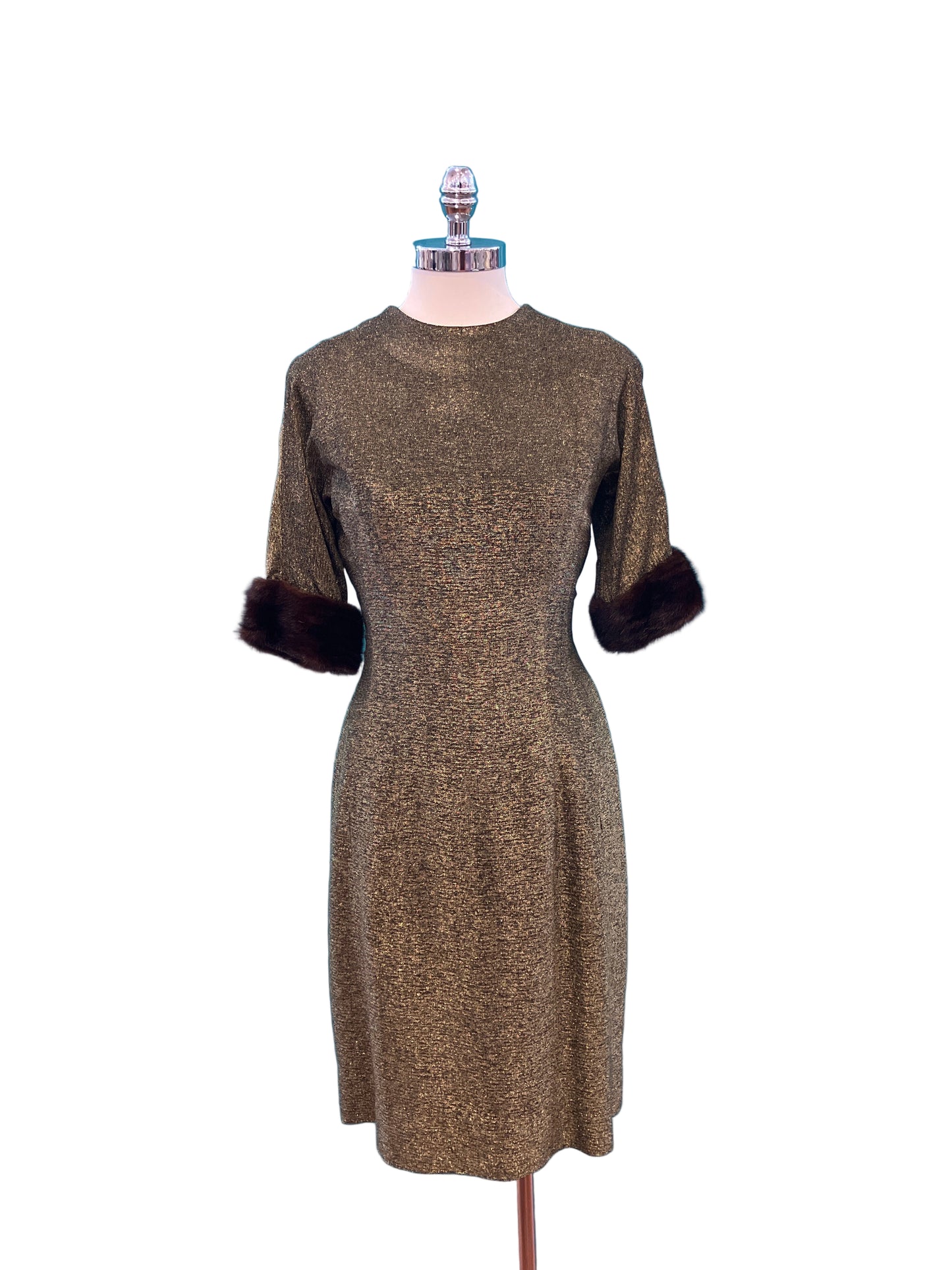 Vintage Jackie Morgan 1950s Metallic Dress with Fur Cuffs