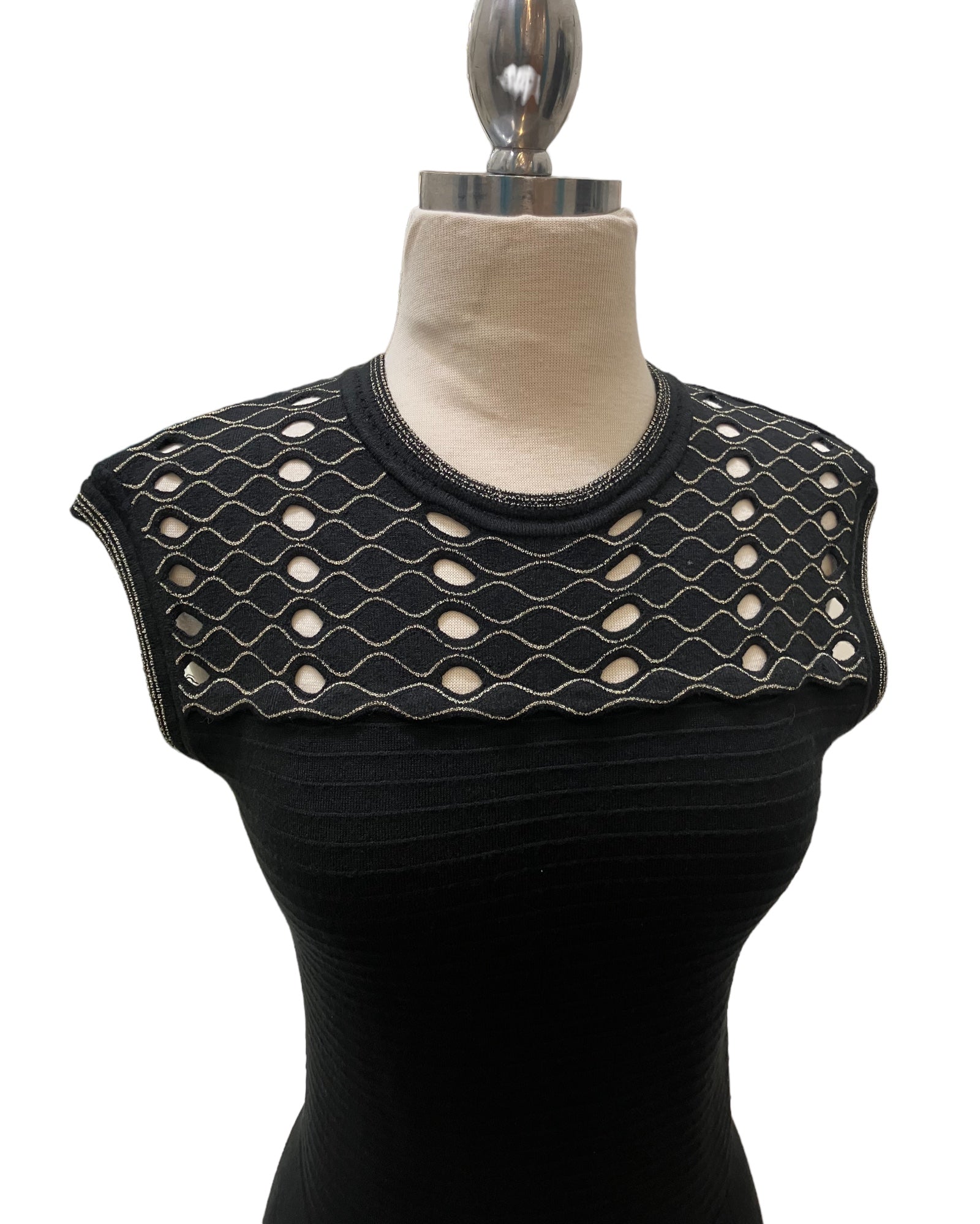 Designer Ted Baker Black Knit Dress With Metallic Gold Design Amorin Vintage Designer Ted Baker Black Knit Dress With Metallic Gold Design Amorin Vintage