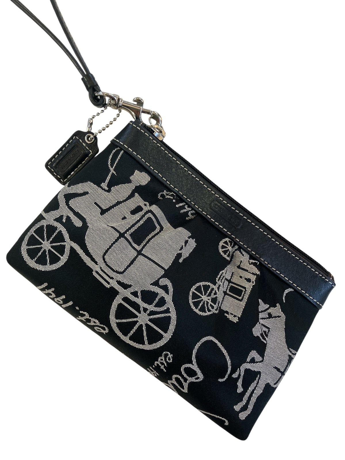 Vintage COACH Mini Wristlet Black Canvas Horse and Carriage Pattern Leather Trim Lavender Lining